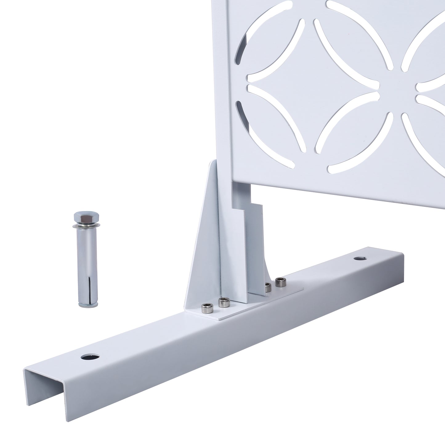 White metal garden trellis panel with ornamental cutouts and mounting hardware
