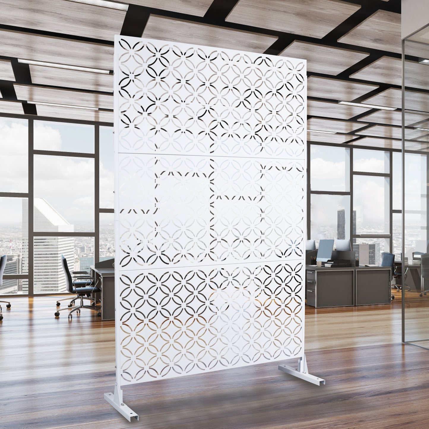 White decorative room divider screen with geometric circle pattern ideal for office spaces