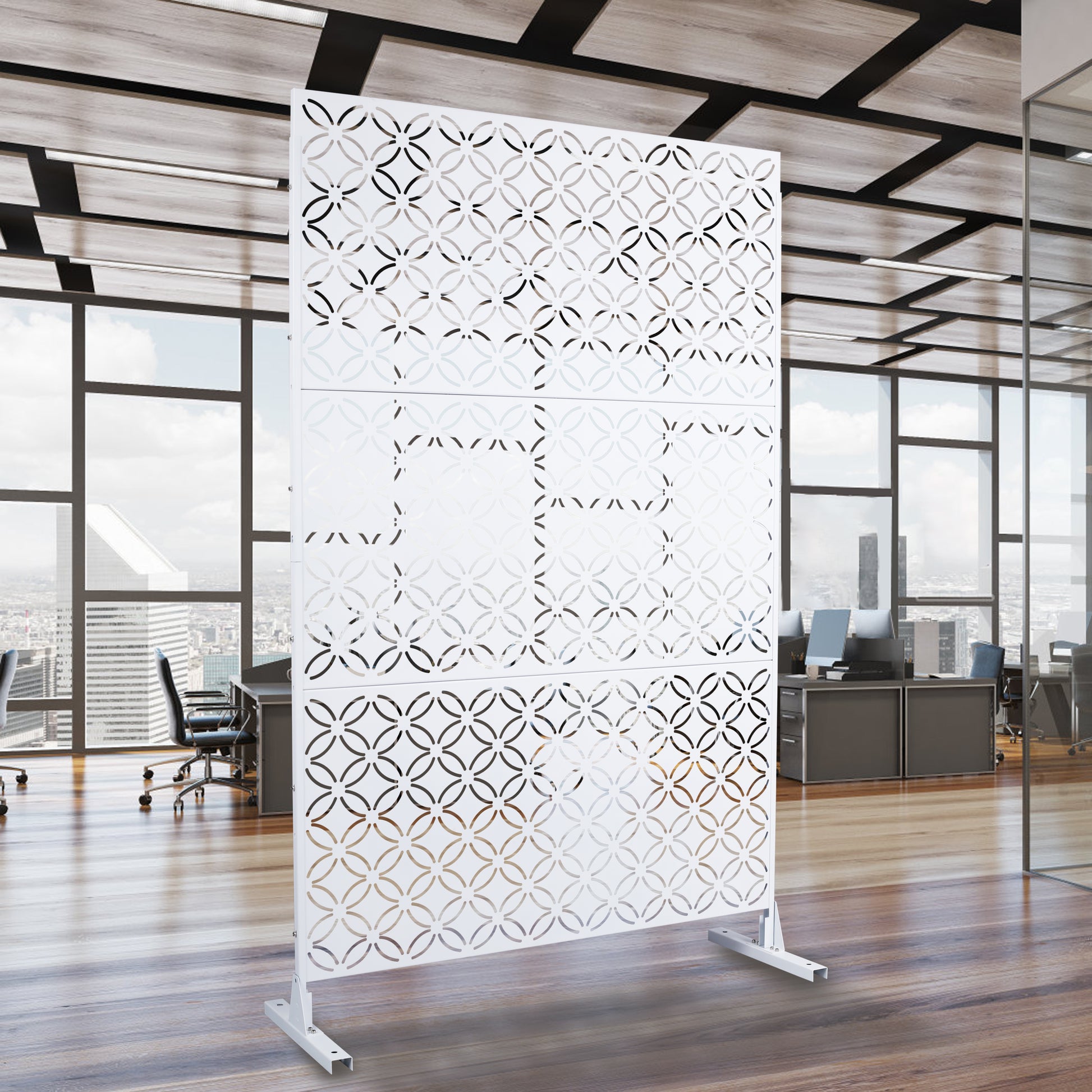 White decorative room divider screen with geometric circle pattern ideal for office spaces
