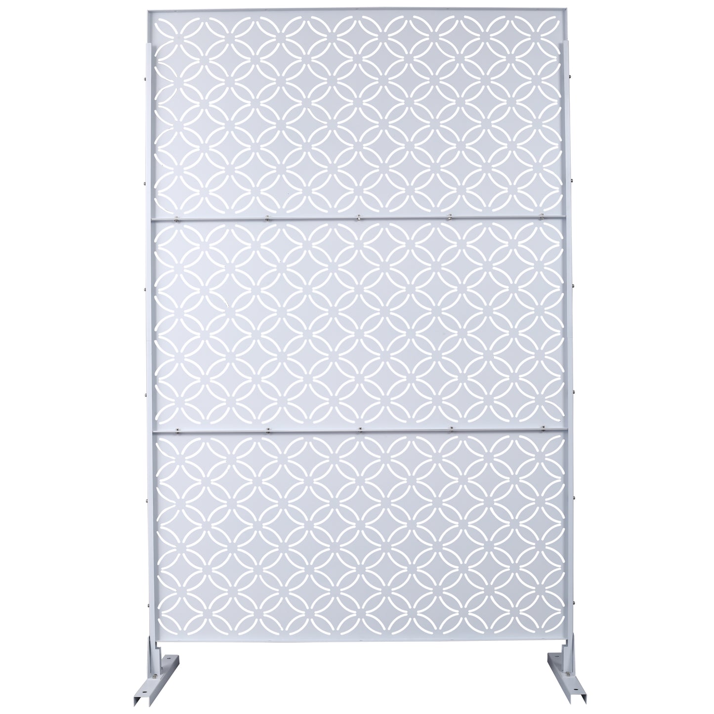 White metal garden screen with geometric circle cutouts perfect for outdoor privacy