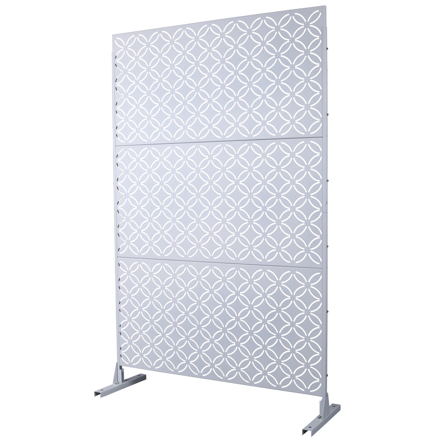 Light gray metal privacy screen with white geometric pattern