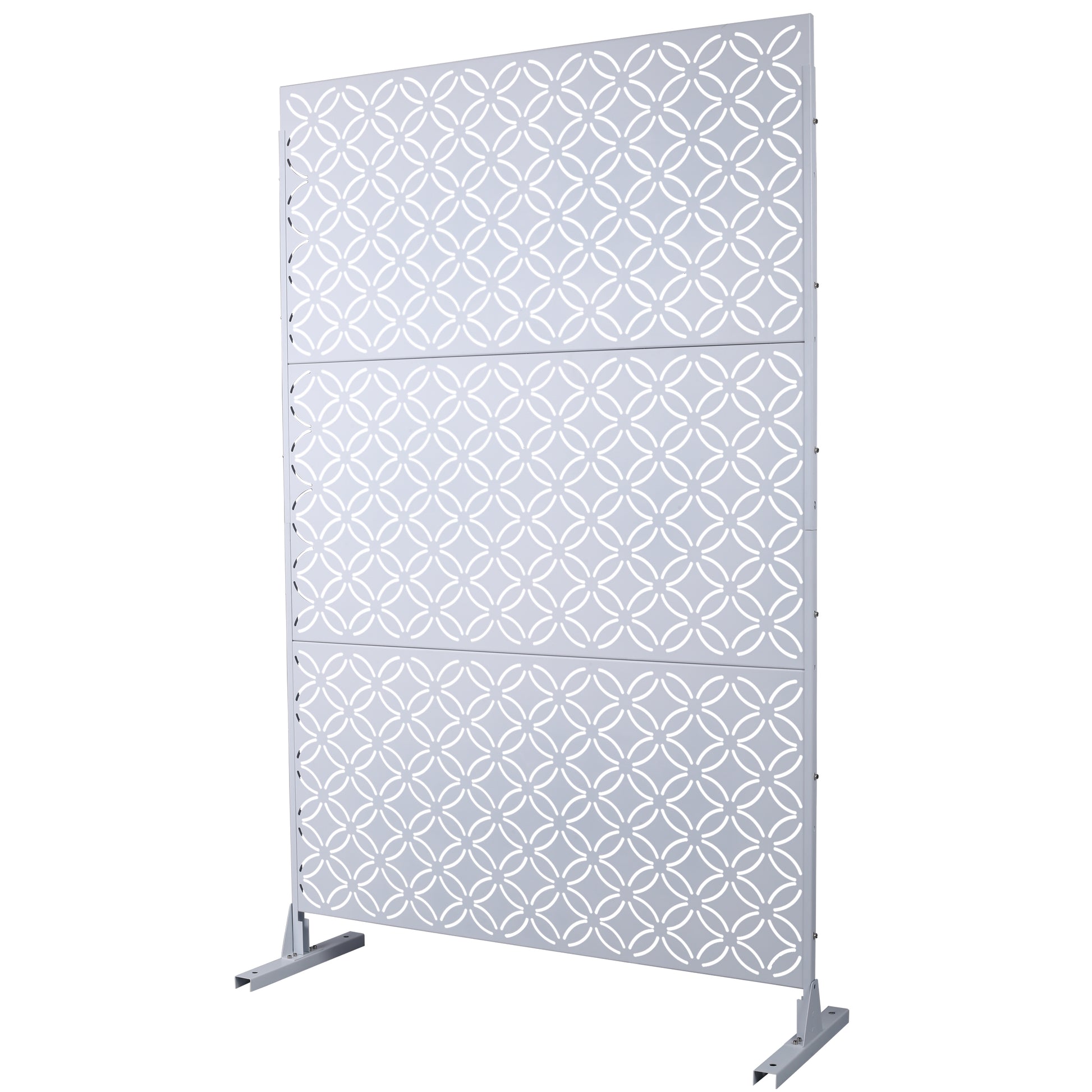 Light gray metal privacy screen with white geometric pattern