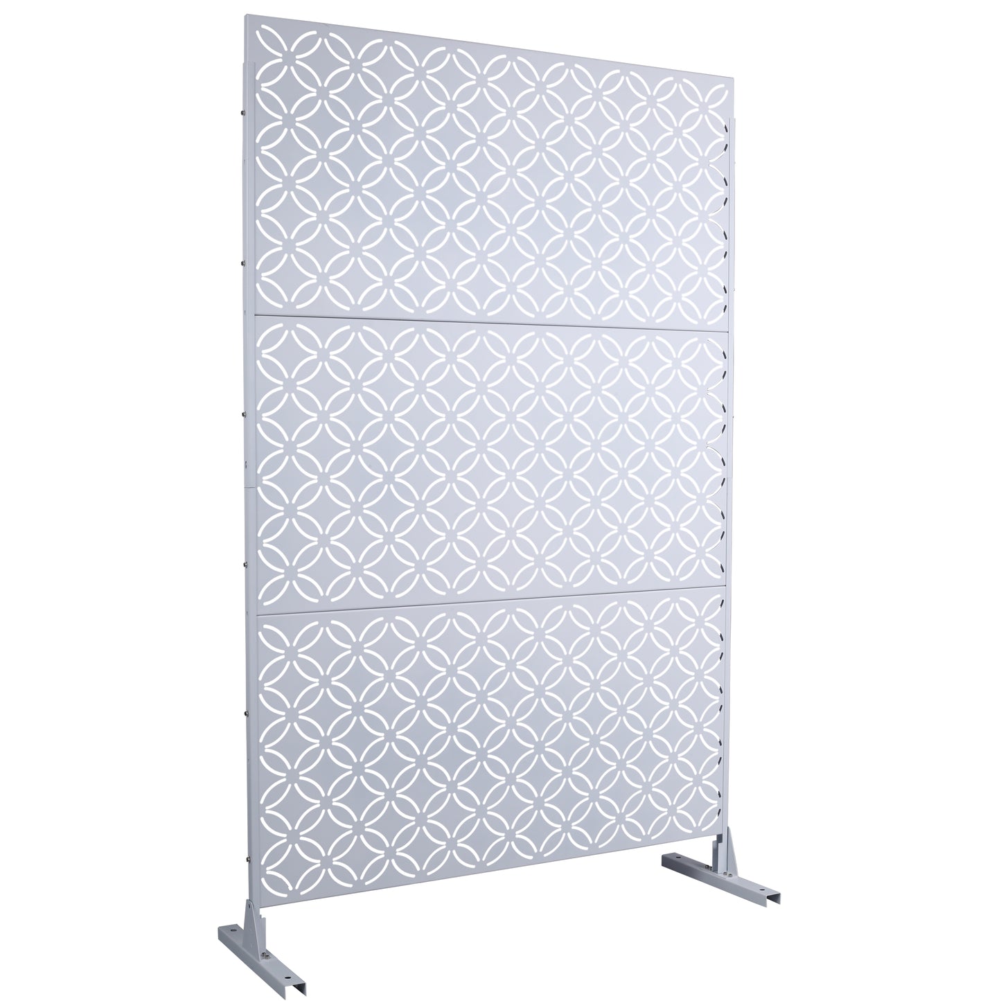 Light gray metal privacy screen with white interlocking circle pattern for outdoor patios