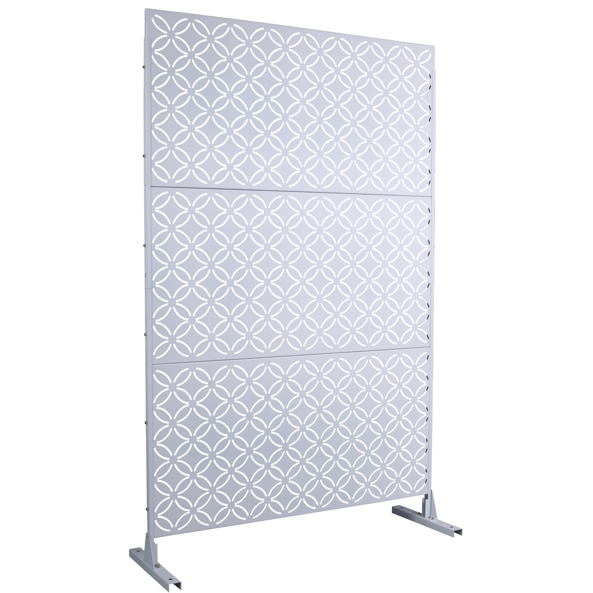 Light gray metal privacy screen with white interlocking circle pattern for outdoor patios