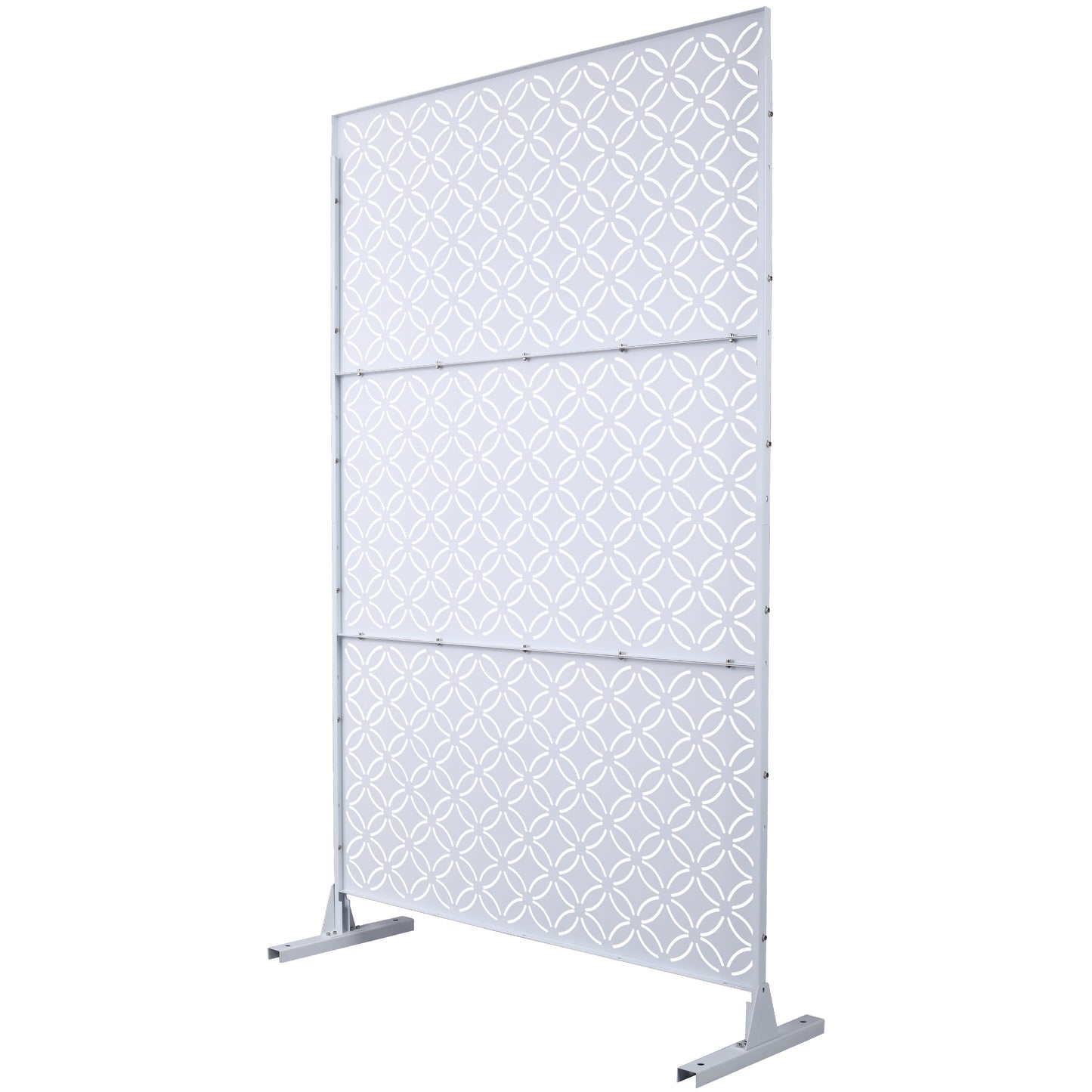 White metal privacy screen with geometric cutouts ideal for outdoor patios