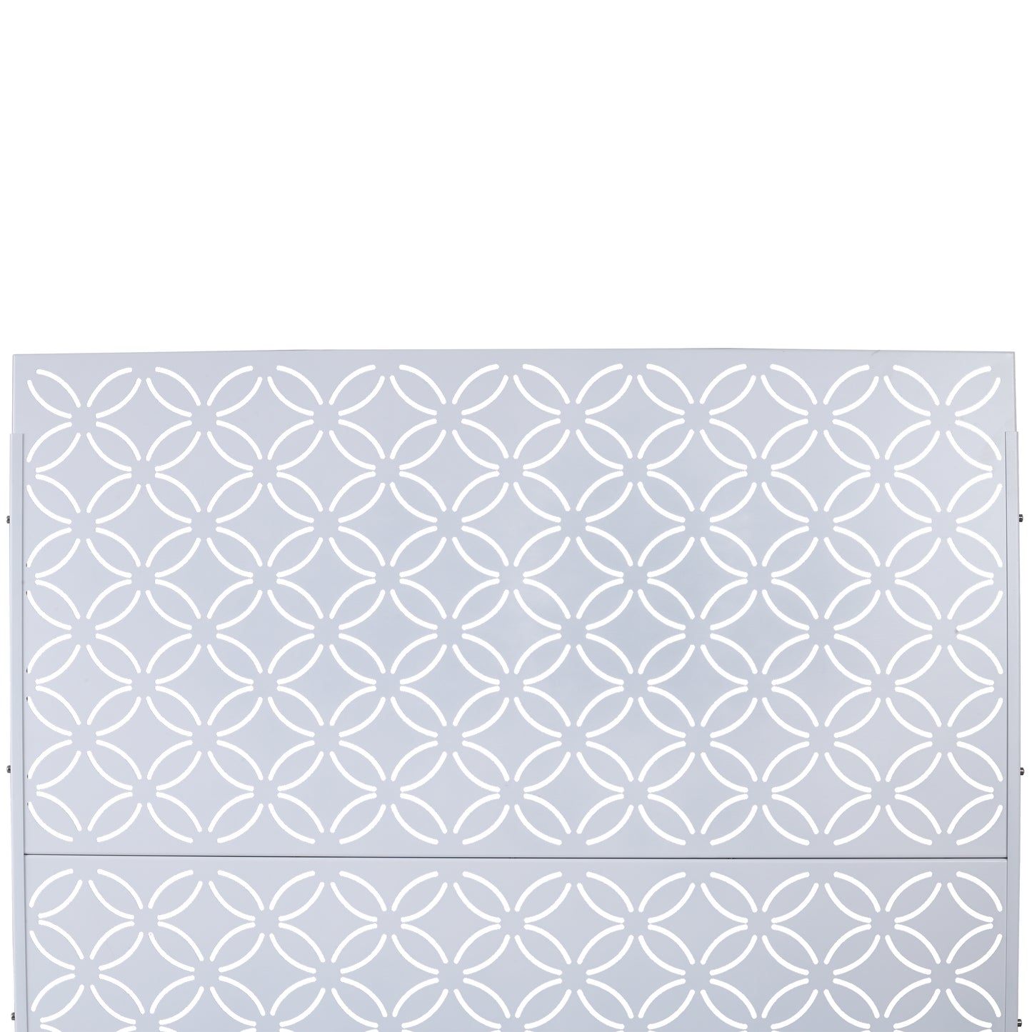 Pale grey metal screen with white interlocking ring pattern ideal for garden privacy screens