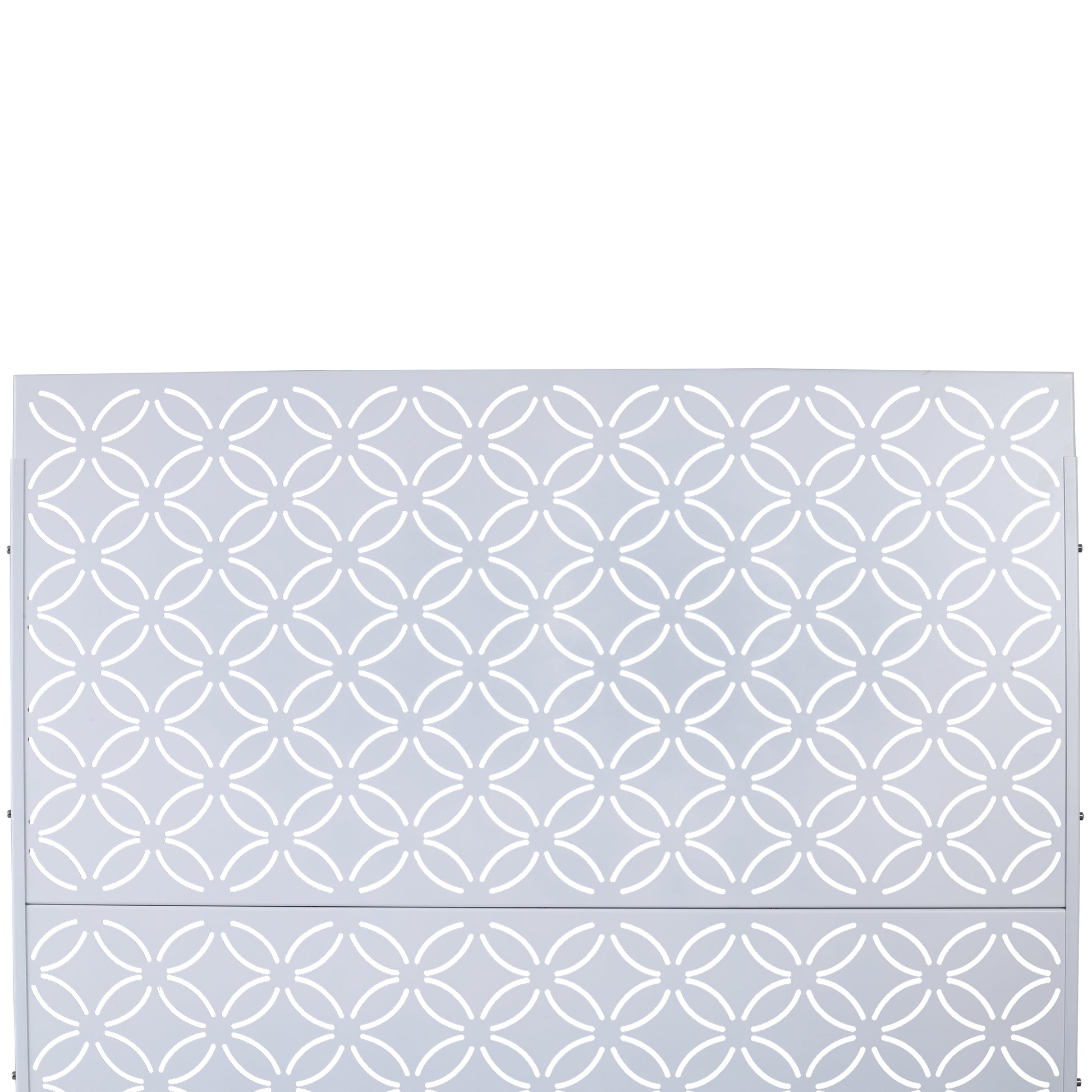 Pale grey metal screen with white interlocking ring pattern ideal for garden privacy screens