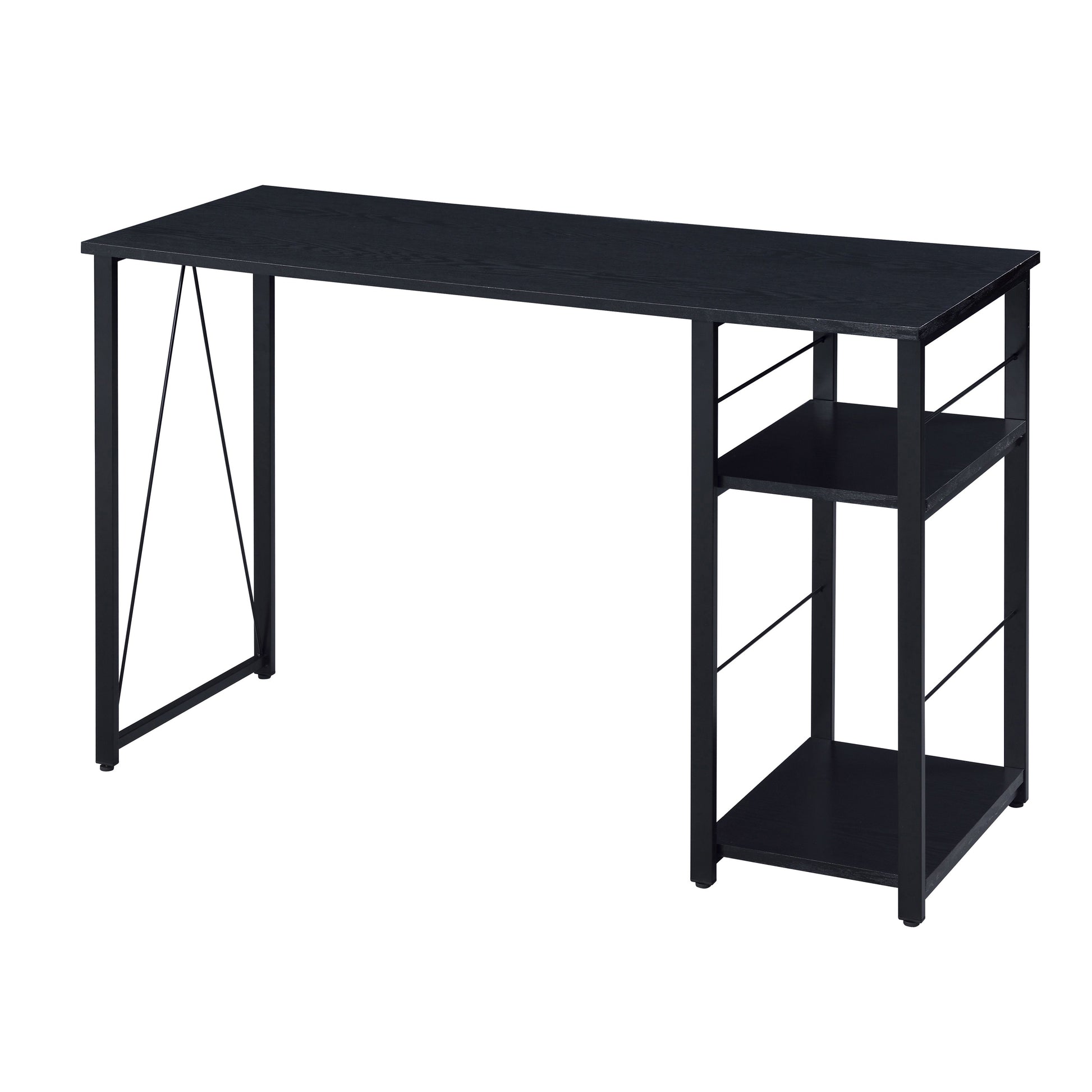 Black modern writing desk with metal legs and two open shelves