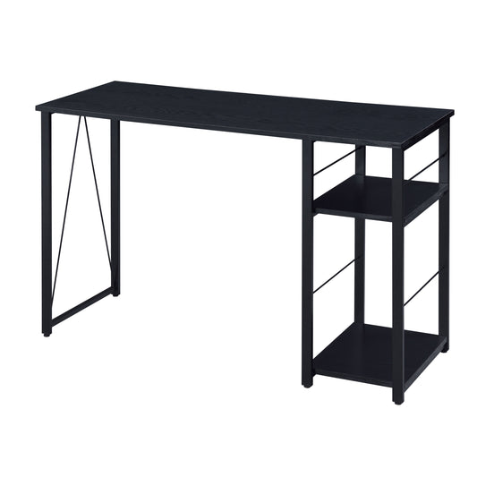 Black modern writing desk with metal legs and two open shelves
