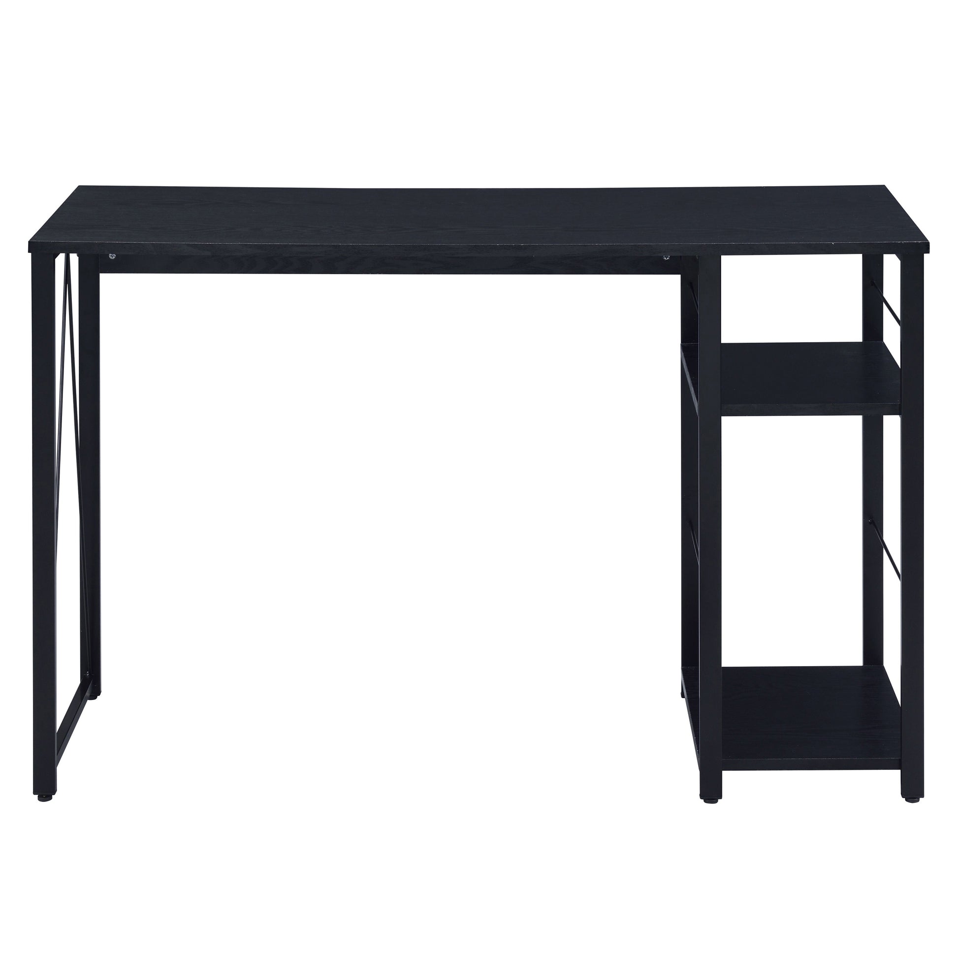 Black modern computer desk with metal frame and two open shelves