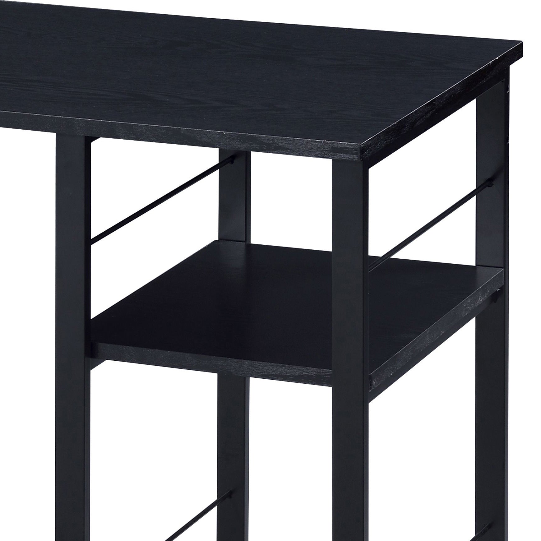 Black modern side table with open shelving and metal supports