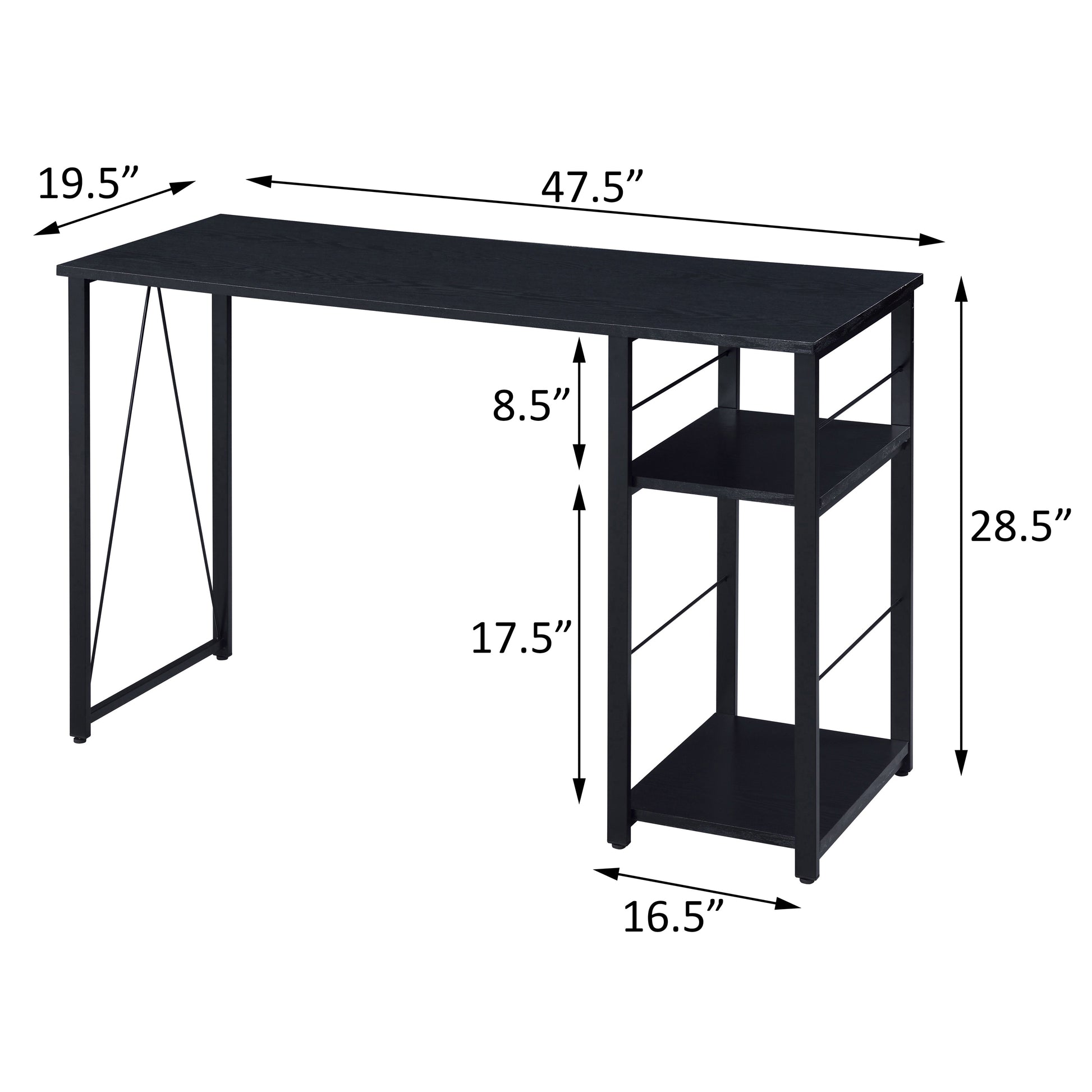 Black metal frame desk with wooden top and  shelves