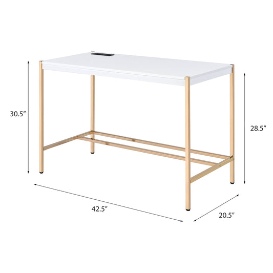 White modern desk with gold metal frame and integrated power outlet