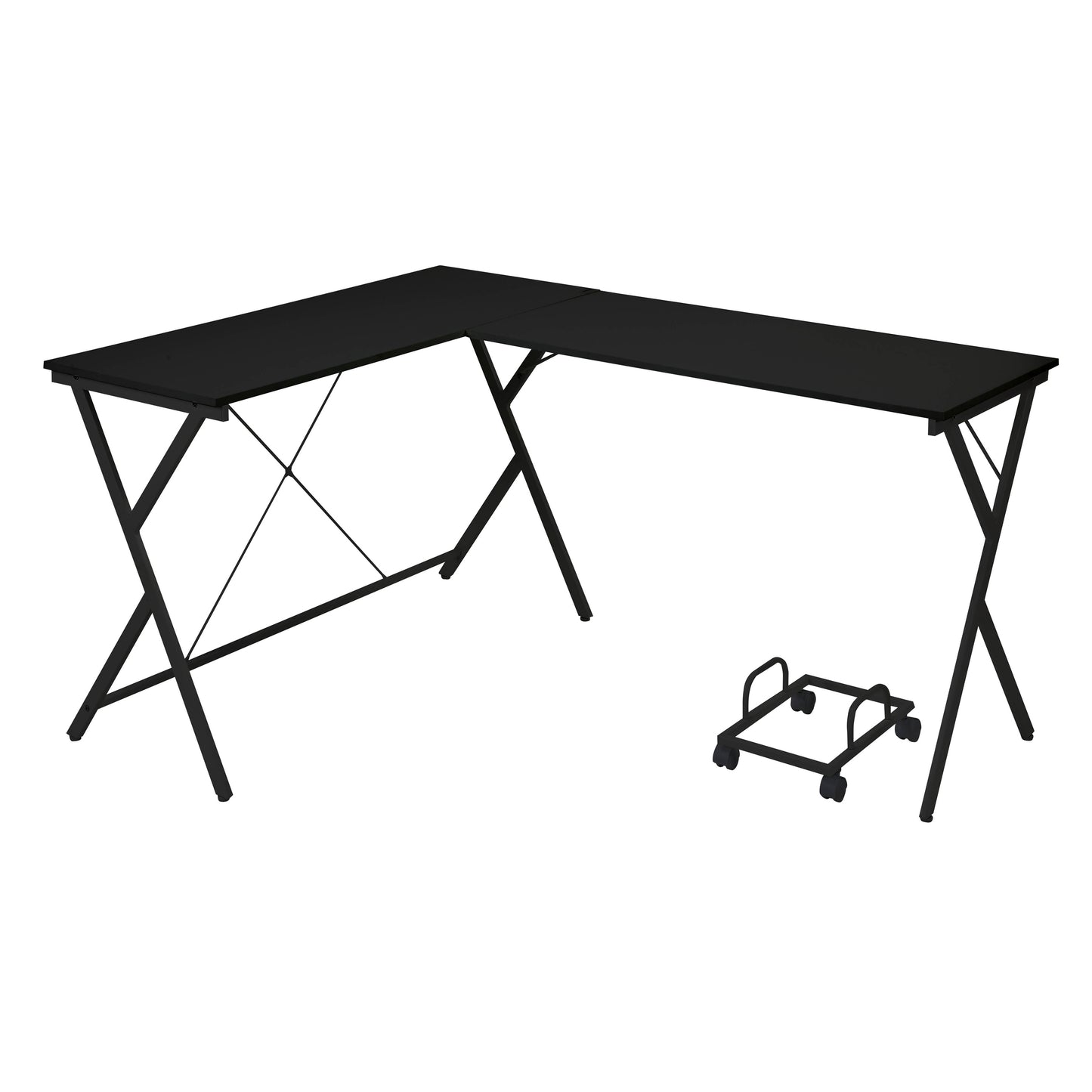 Black Lshaped computer desk with metal Xframe legs and a rolling CPU stand