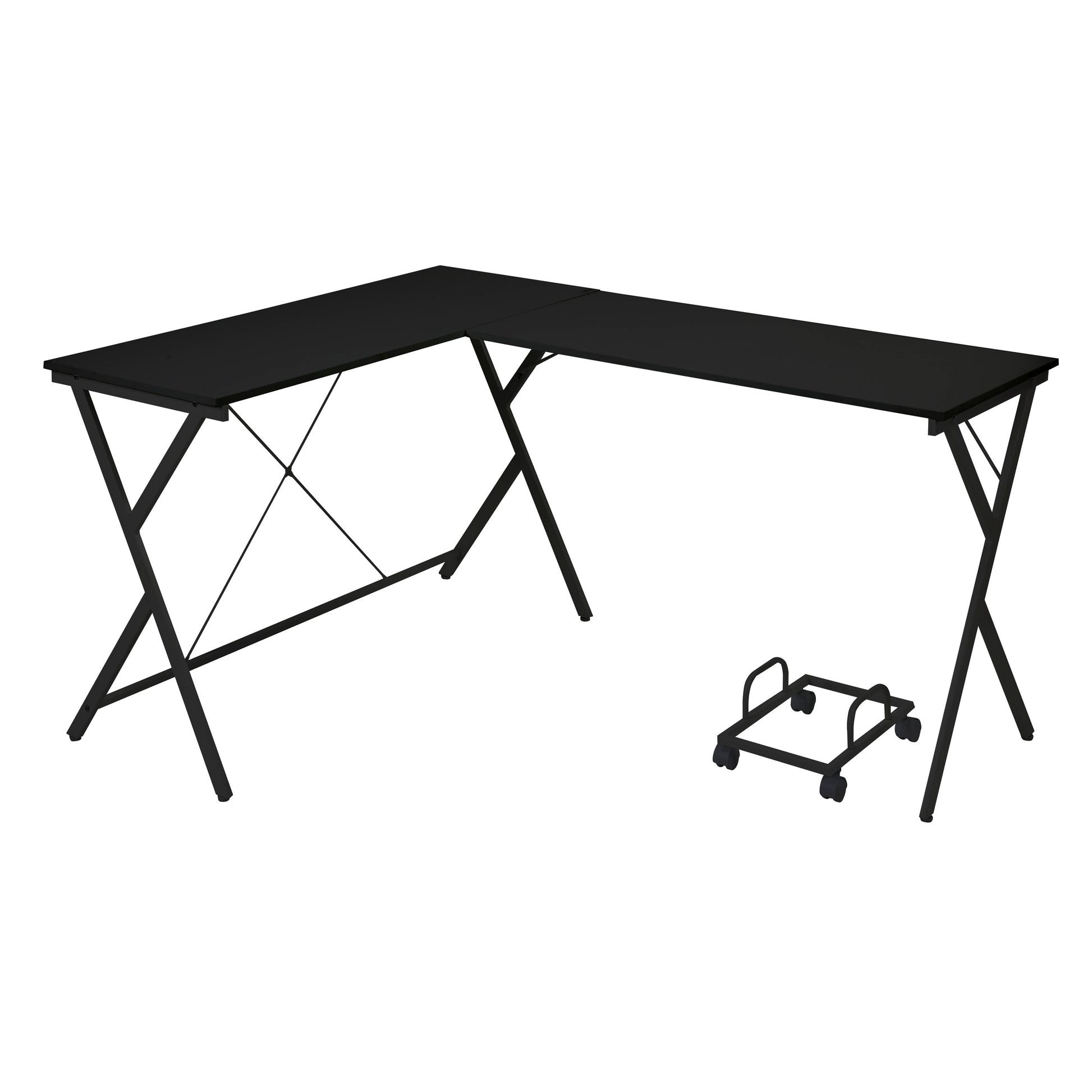 Black Lshaped computer desk with metal Xframe legs and a rolling CPU stand