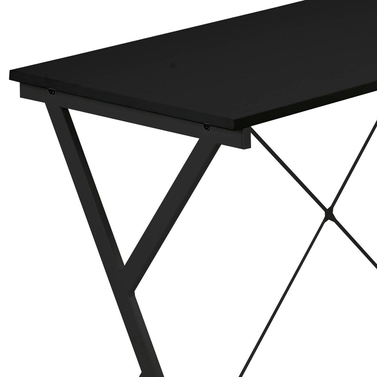 Black metal desk with a modern Xframe leg design and a smooth dark top