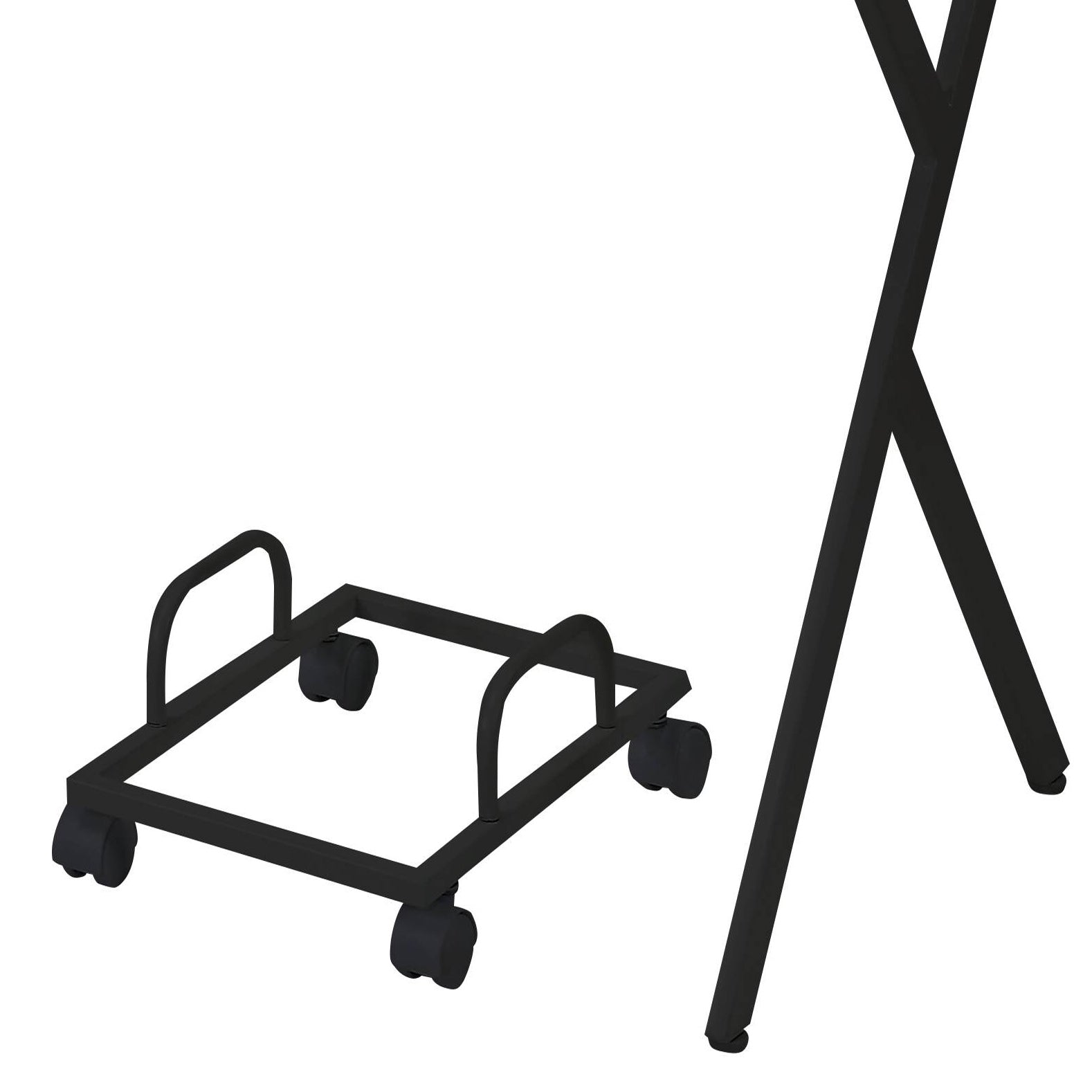 Black metal computer tower stand with wheels and handles for easy mobility