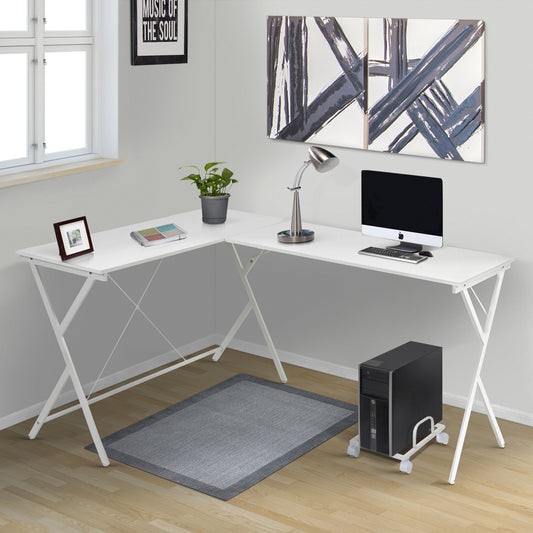 White modern Lshaped desk with computer lamp and plant for home office
