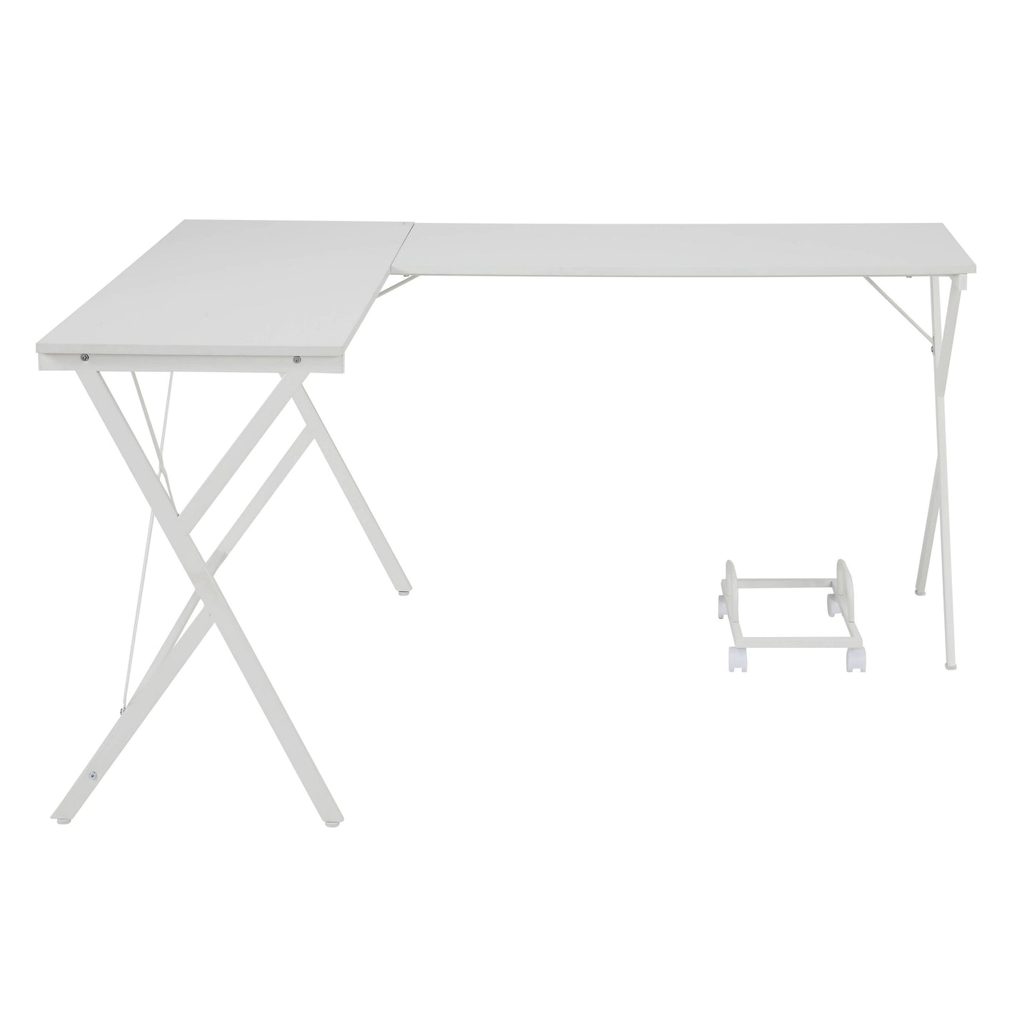 White Lshaped desk with metal frame perfect for home office setup