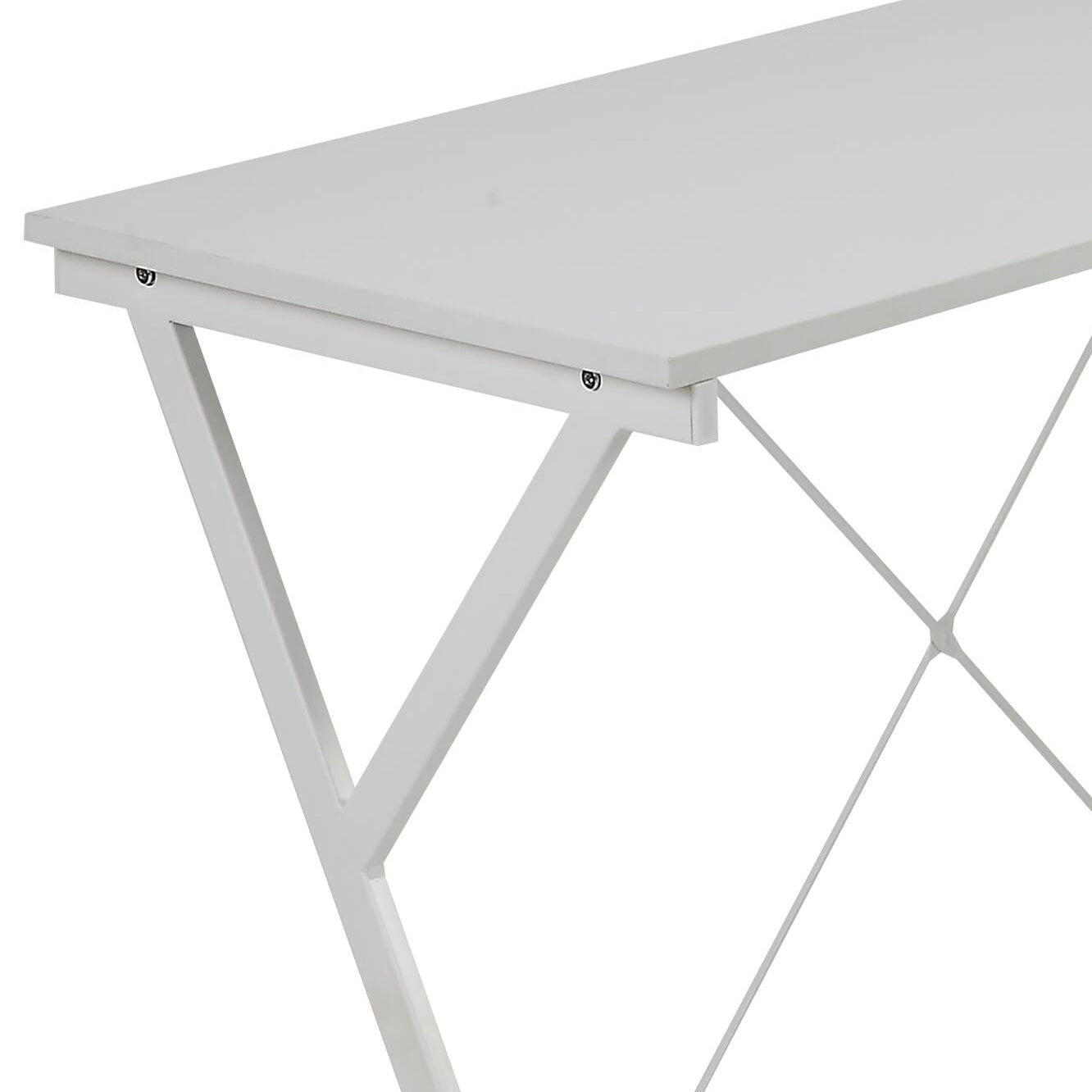 White minimalist desk with metal Xframe legs for a modern workspace