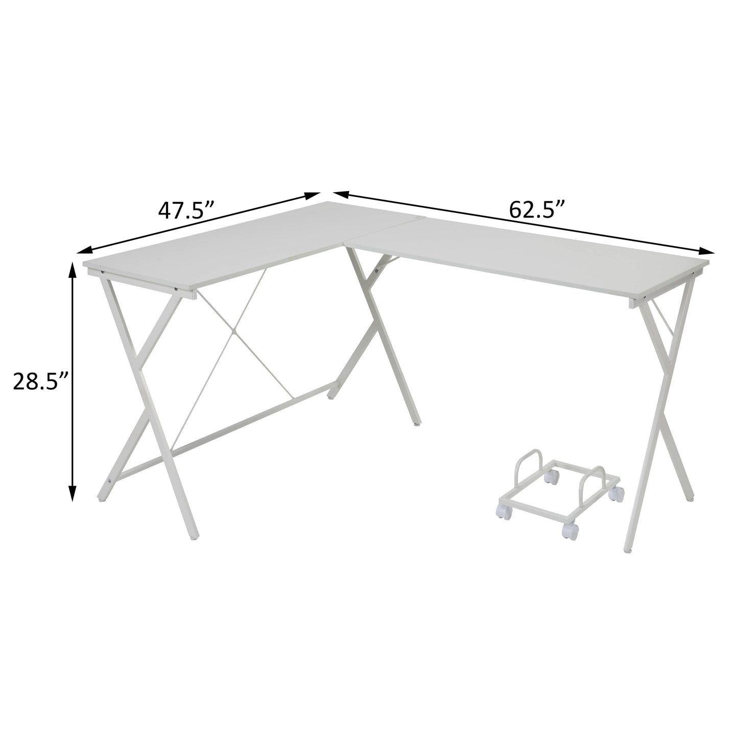 White Lshaped desk with metal legs and included computer stand