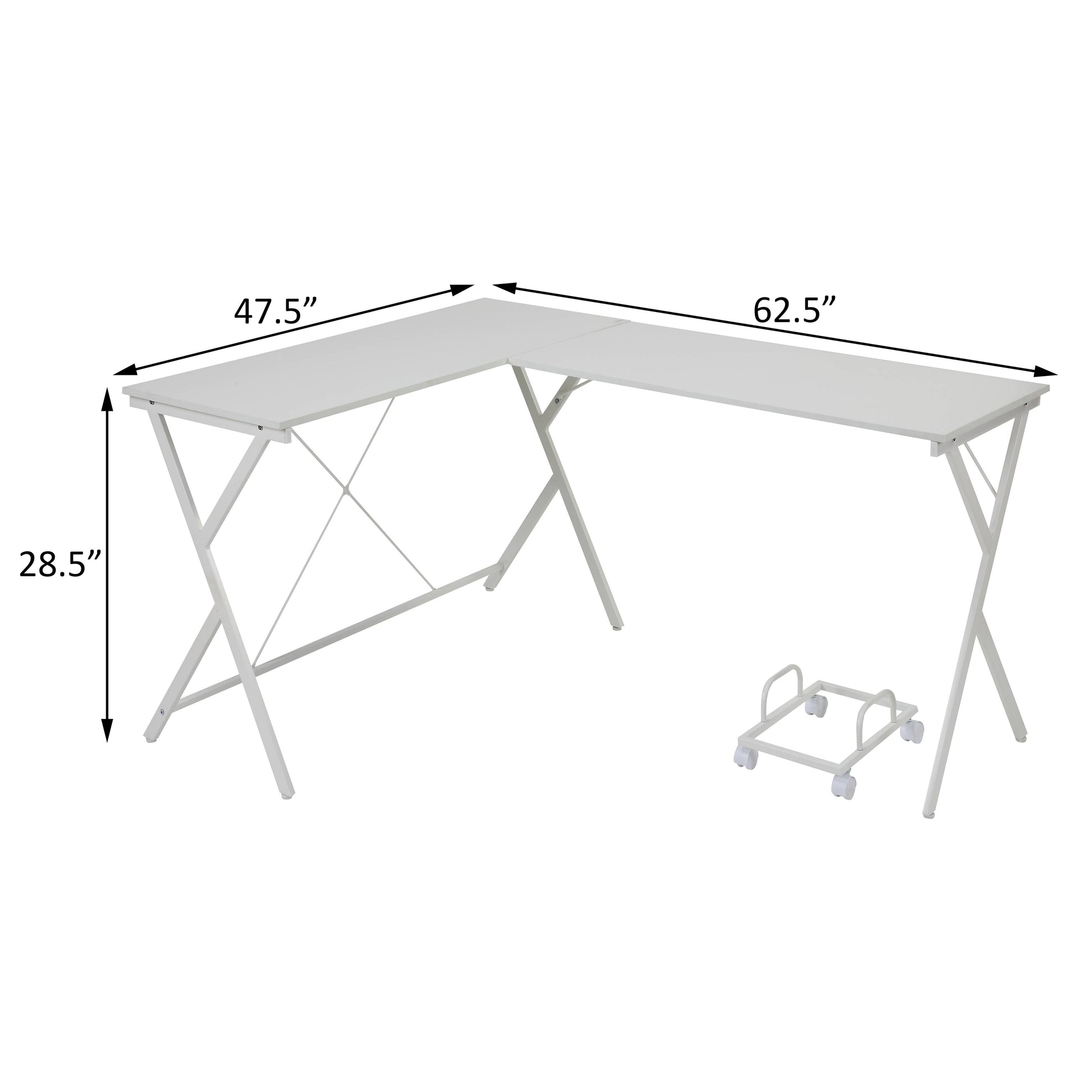White Lshaped desk with metal legs and included computer stand