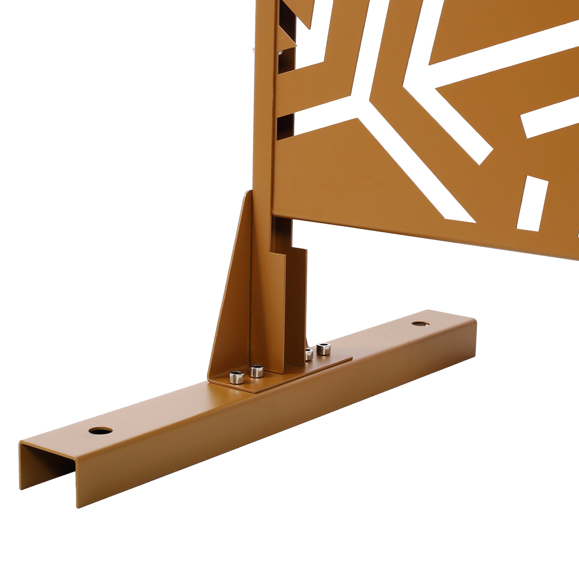 Bronze metal garden screen with geometric cutouts and a secure baseplate and bolts