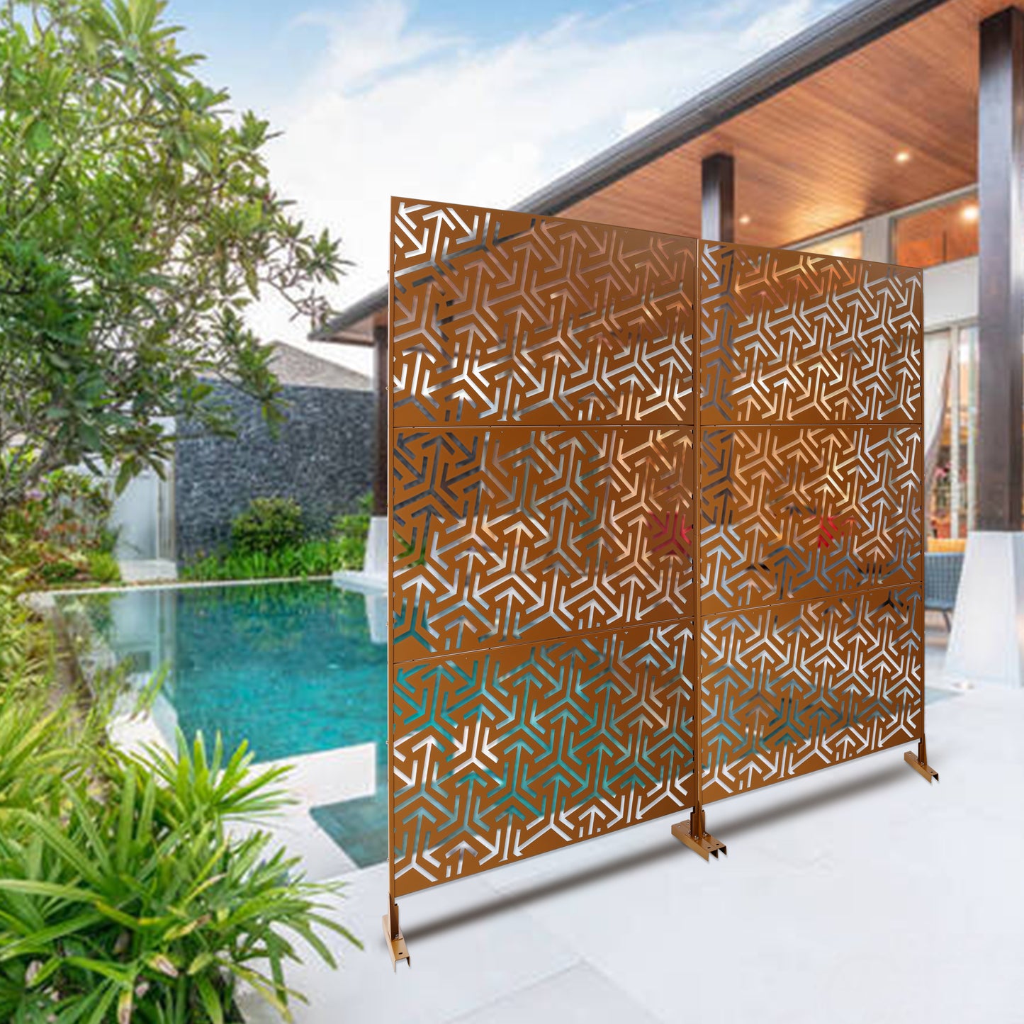 Bronze geometric lasercut metal privacy screen for outdoor spaces