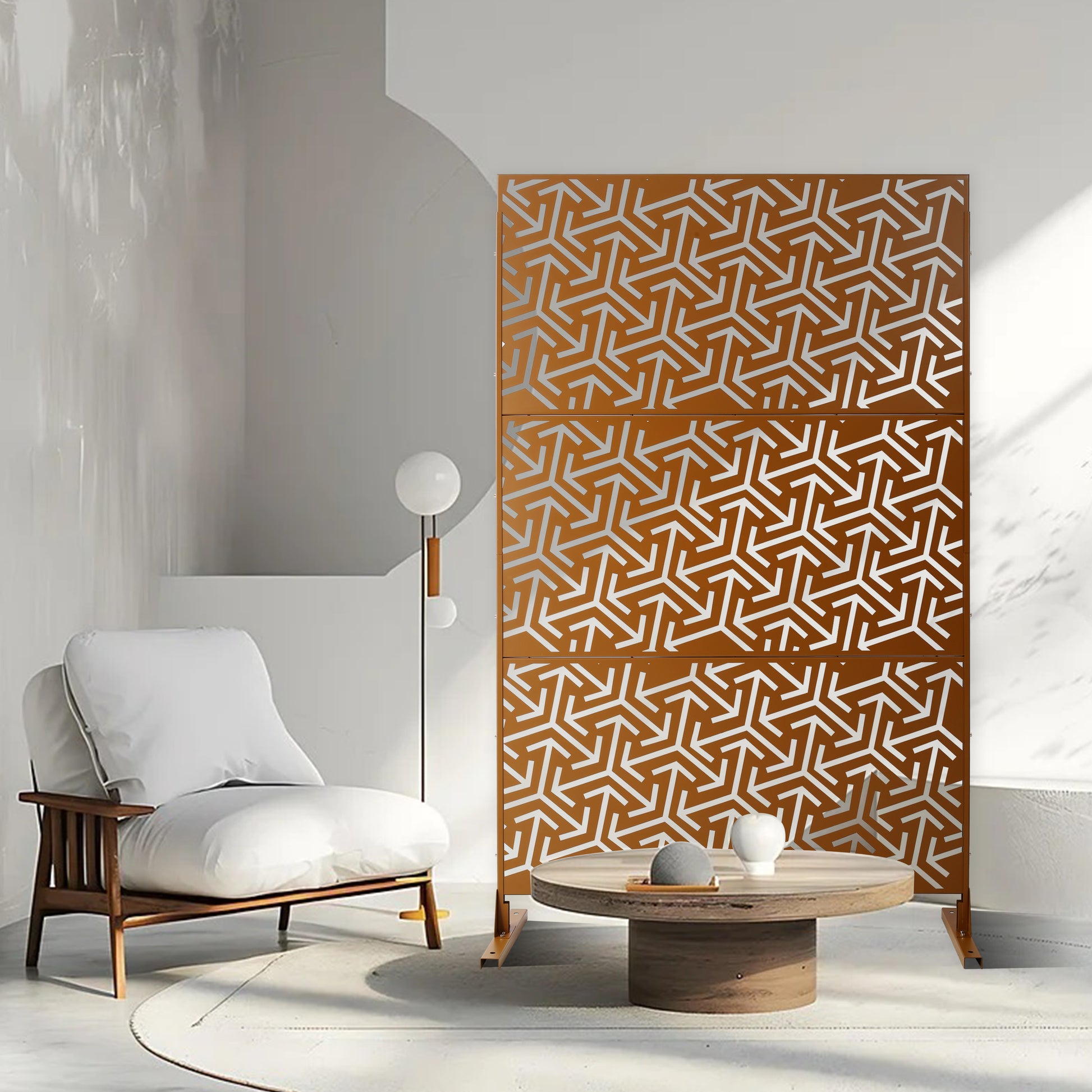 Geometric lasercut room divider screen with rust finish and intricate hexagonal pattern