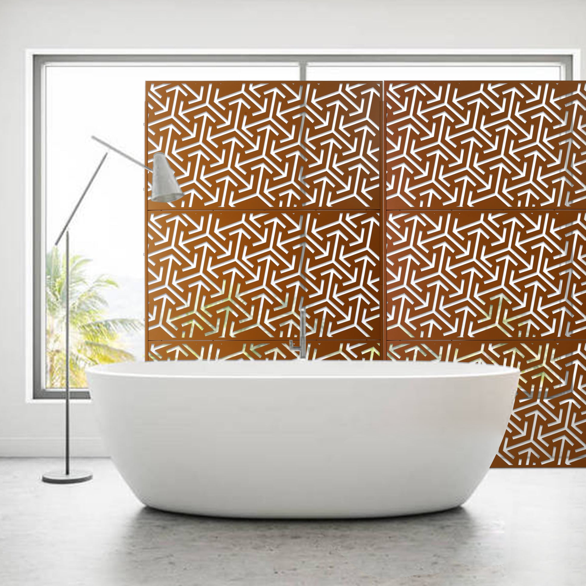 Modern copper decorative screen with geometric cutout pattern for room divider
