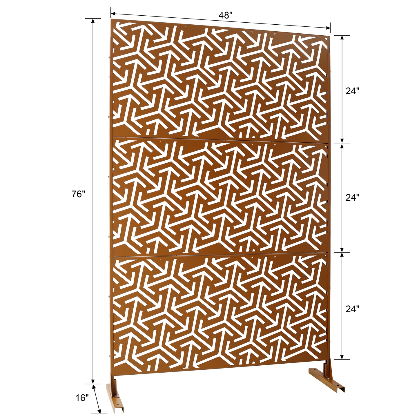 Rusty metal outdoor privacy screen with geometric cutouts