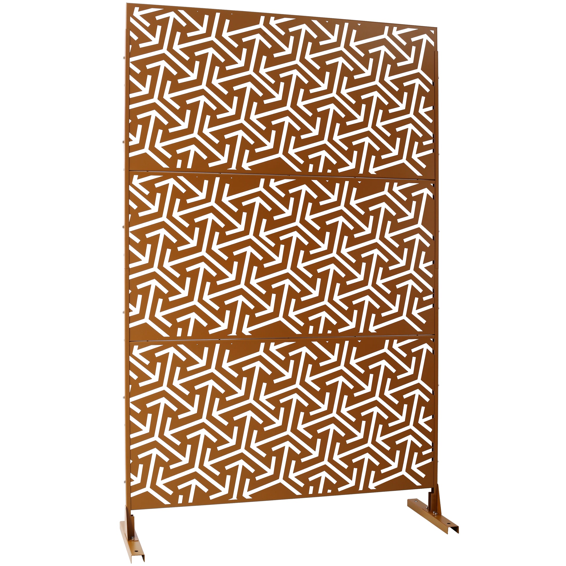 Modern rustfinish metal garden screen with geometric pattern