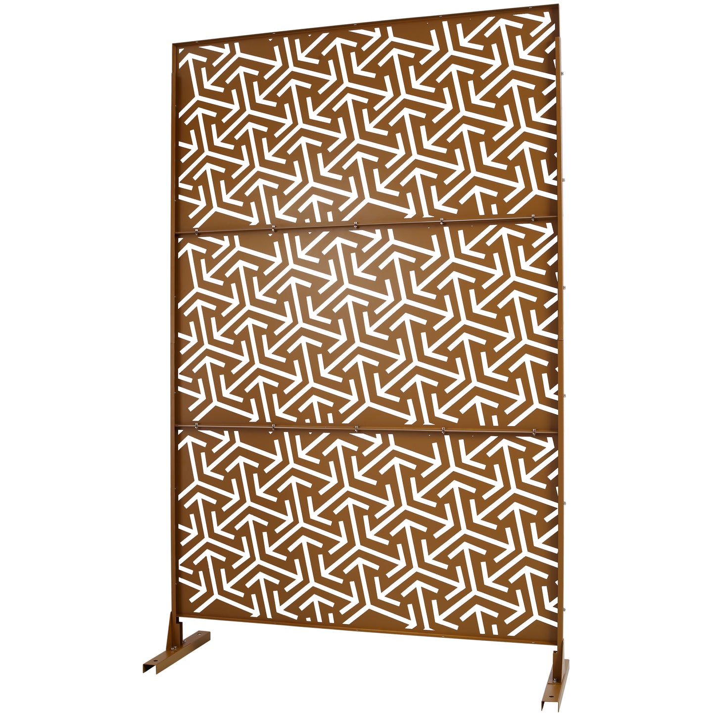 Bronze metal garden screen with geometric arrow pattern ideal for outdoor privacy