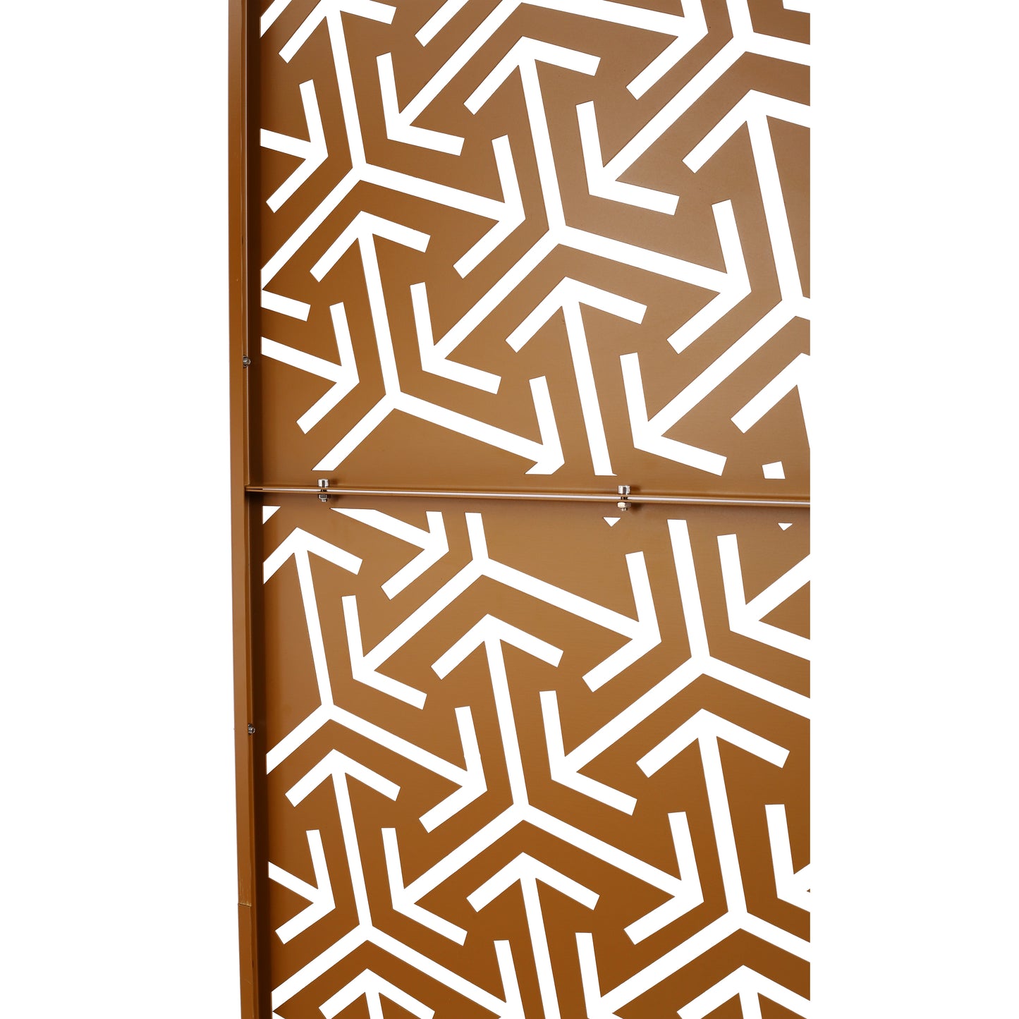 Brown metal privacy screen with a geometric white cutout pattern