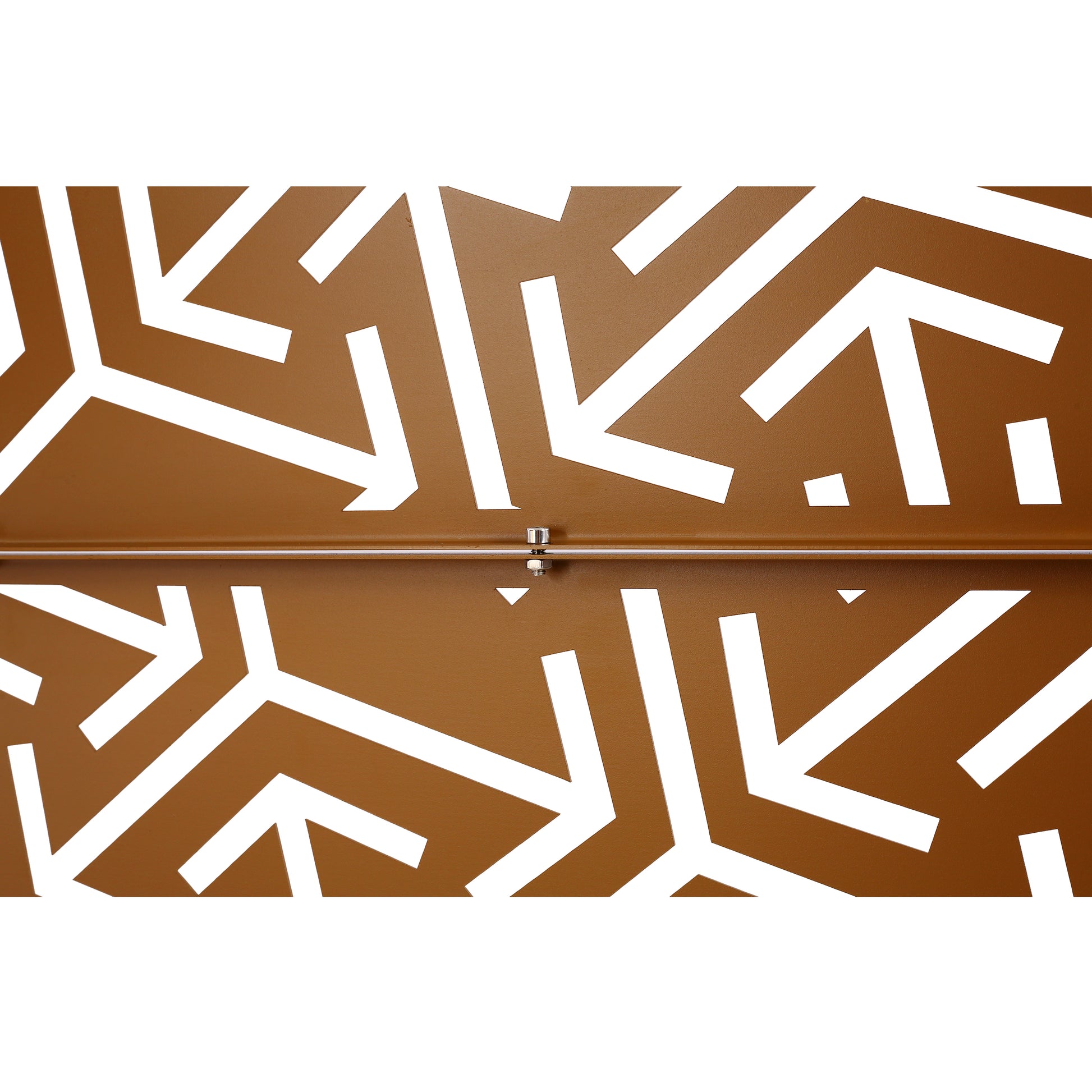 Rustic bronze metal screen with a white geometric abstract pattern