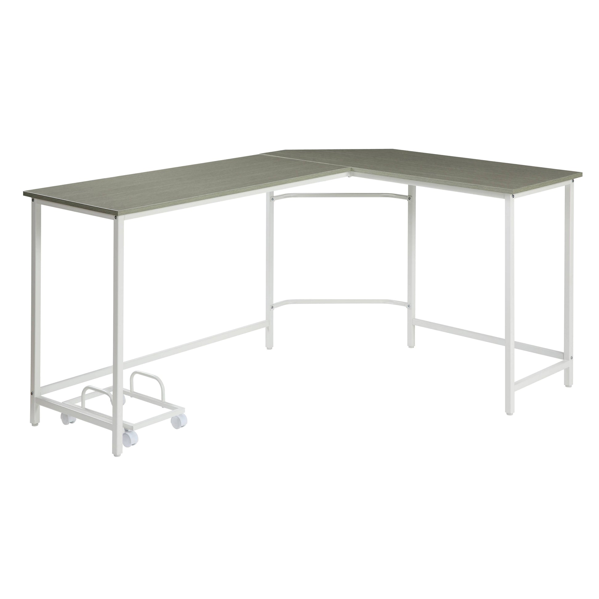 Lshaped desk with gray wood grain top and white metal frame ideal for home office