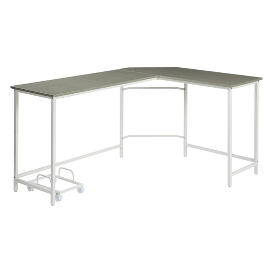 Lshaped desk with gray wood grain top and white metal frame ideal for home office