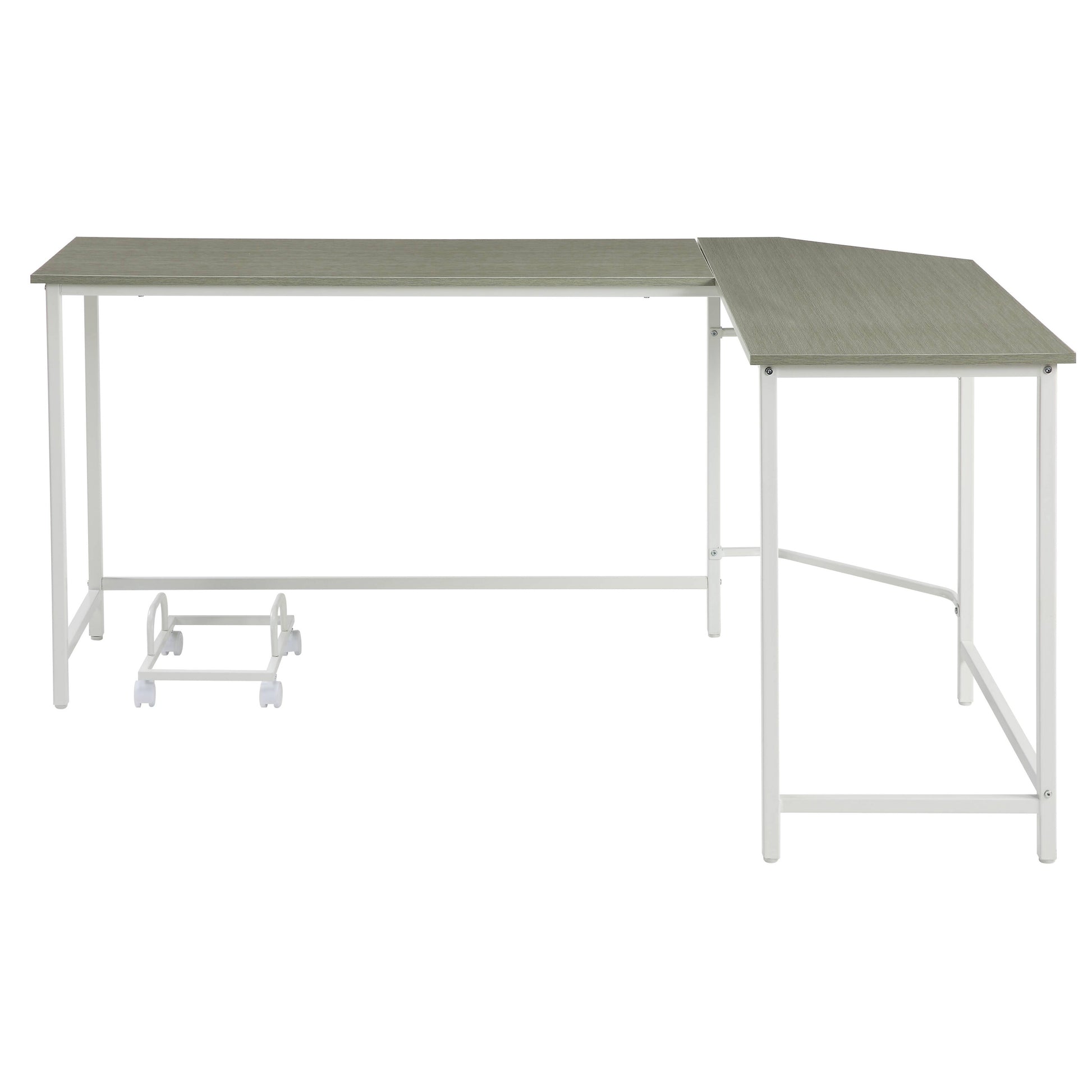 Modern Lshaped desk with grey wood grain top and white metal frame perfect for home offices