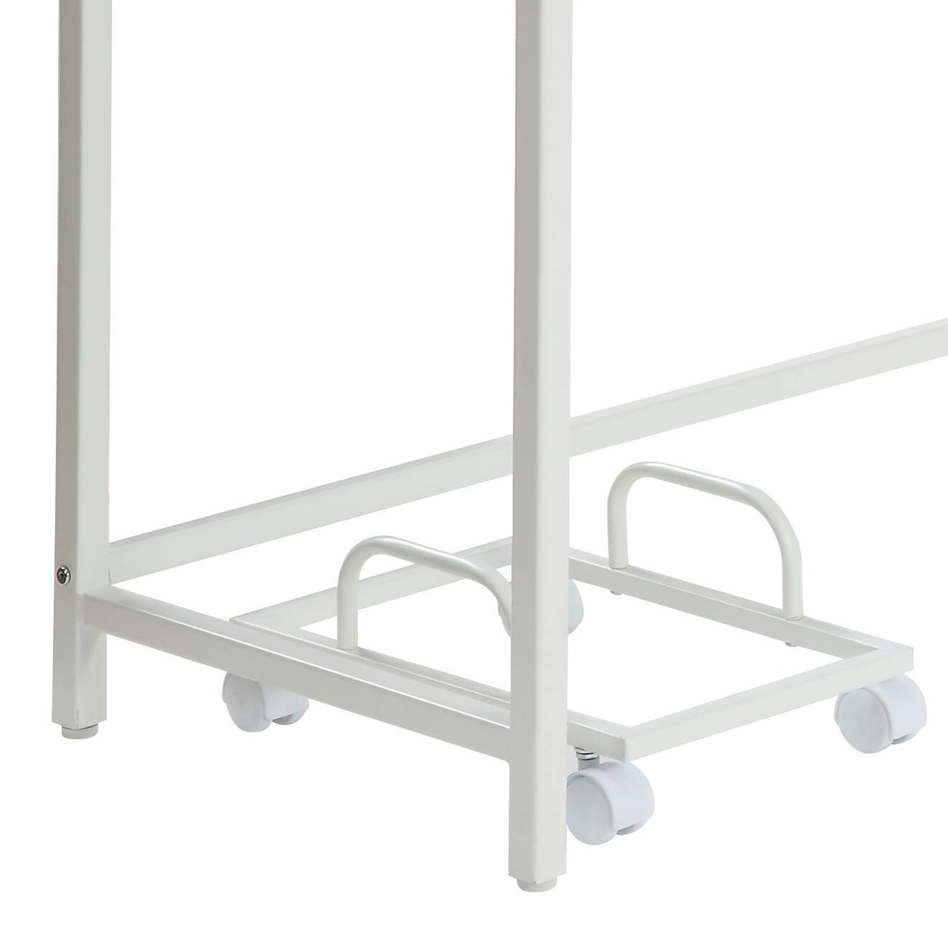 White metal garment rack base with four wheels and supportive bars