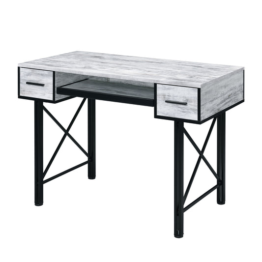 Rustic white wash wooden writing desk with black metal frame two drawers and open shelf