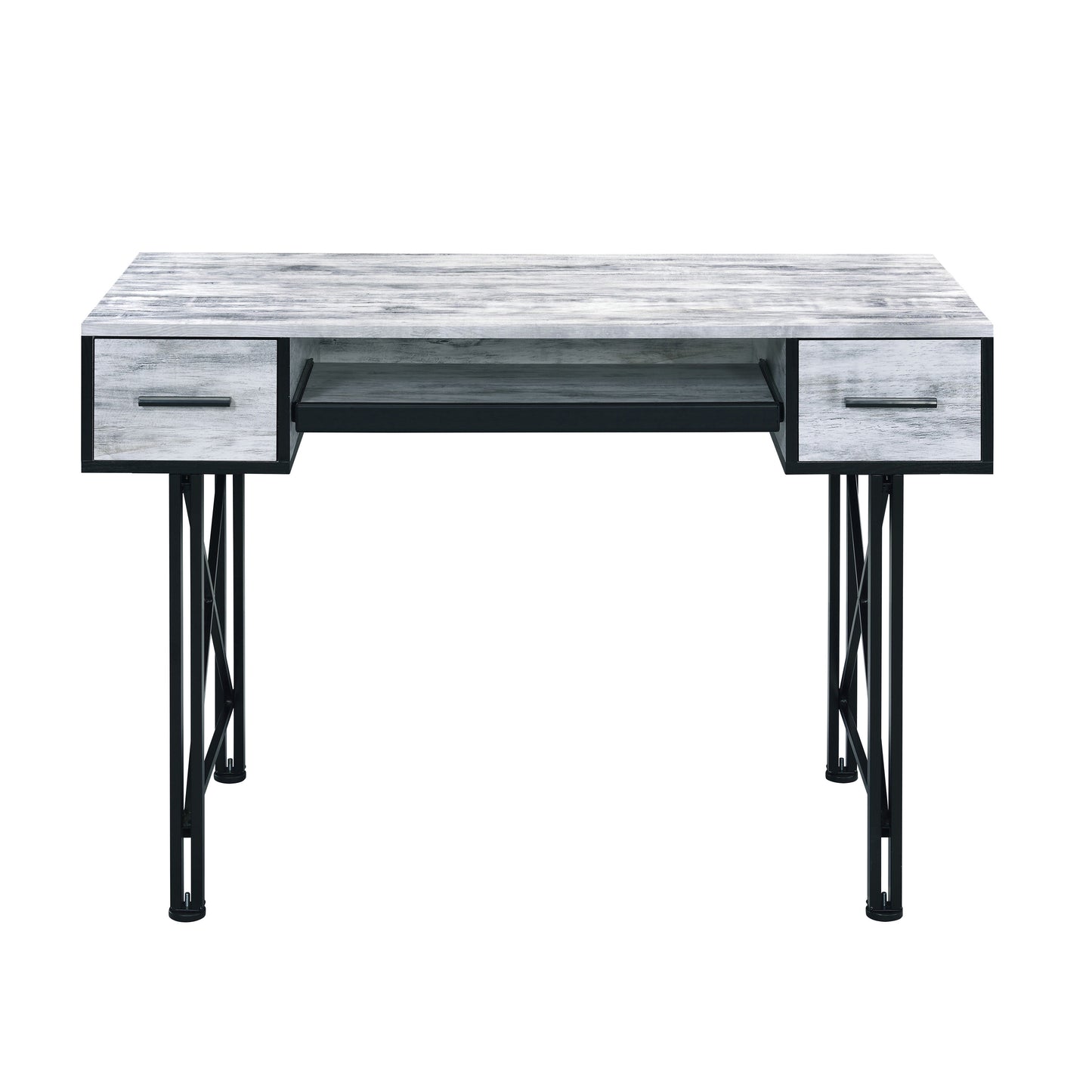 Industrial style desk with weathered wood top black metal frame and legs
