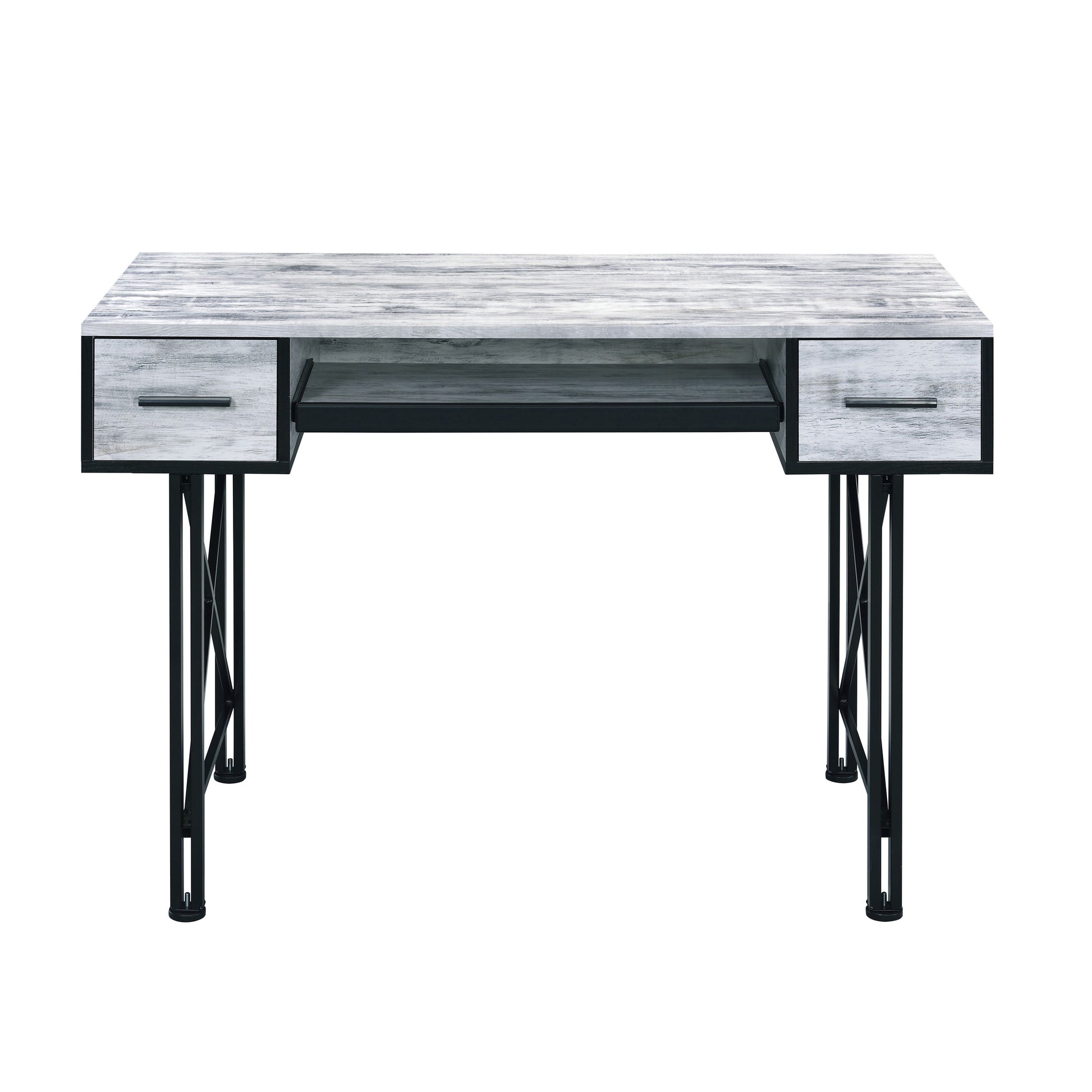 Industrial style desk with weathered wood top black metal frame and legs