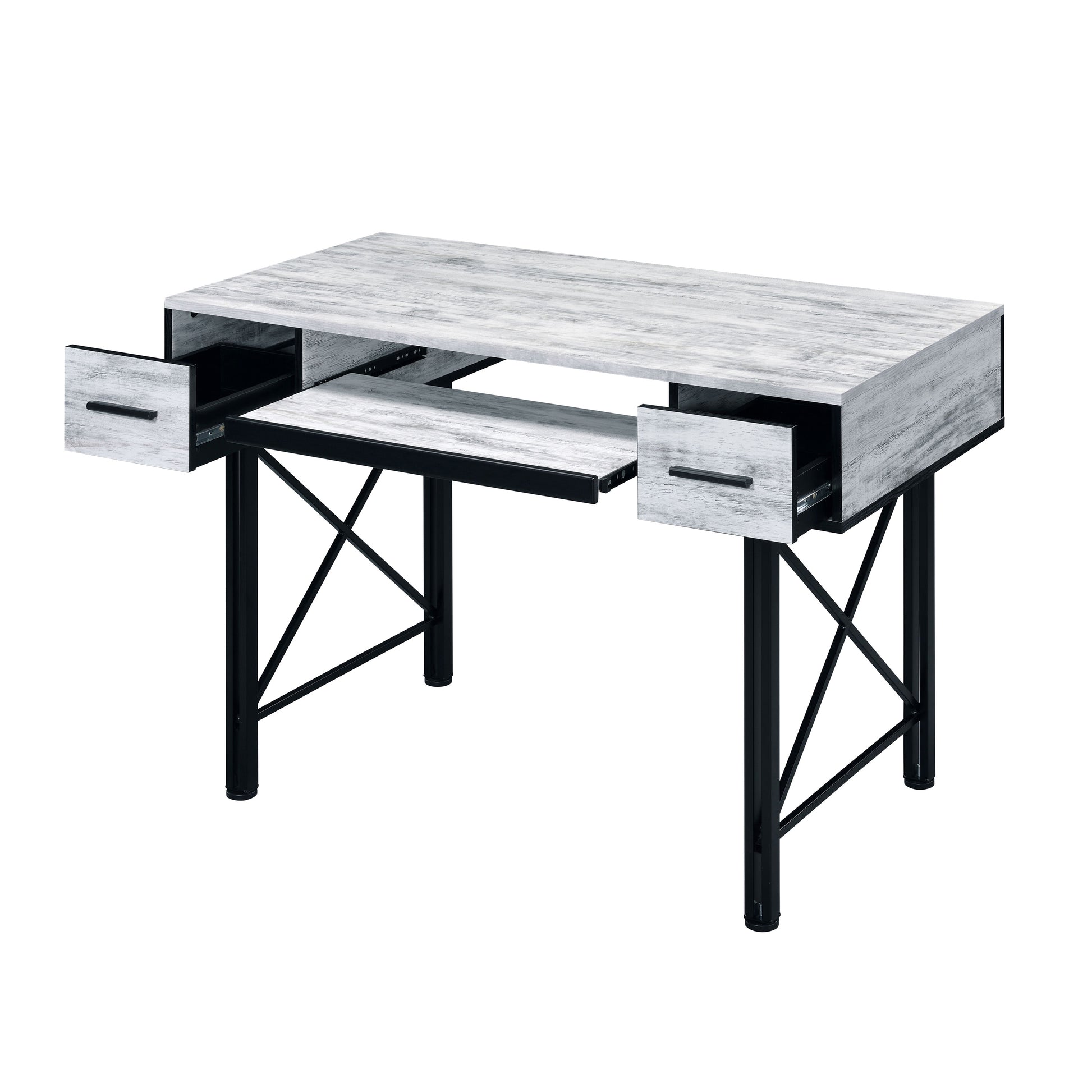 Rustic wood writing desk with two drawers and black metal legs