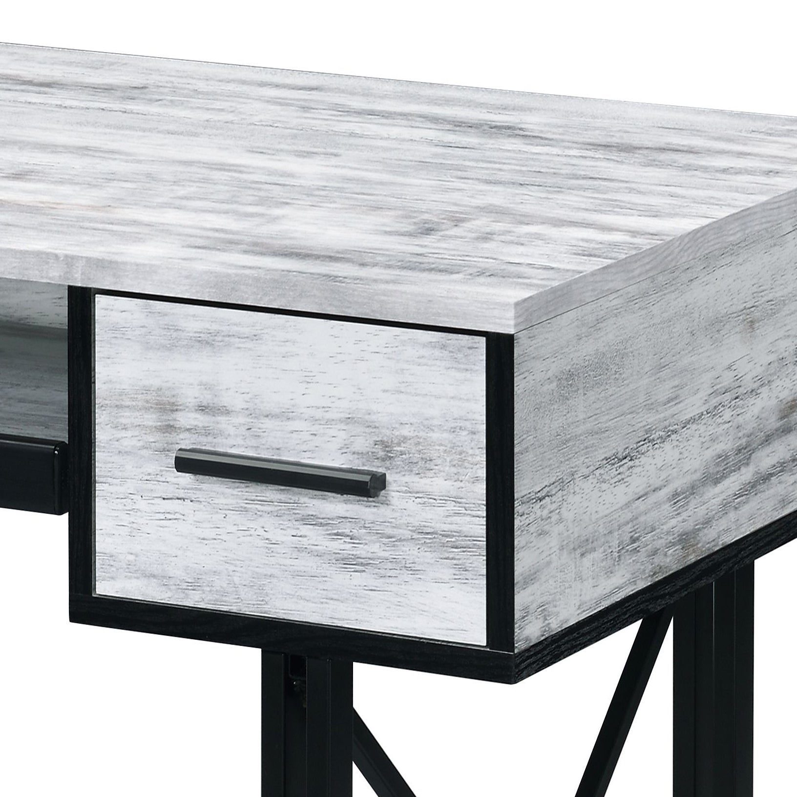 Whitewashed wood grain desk with black drawer pull and metal frame