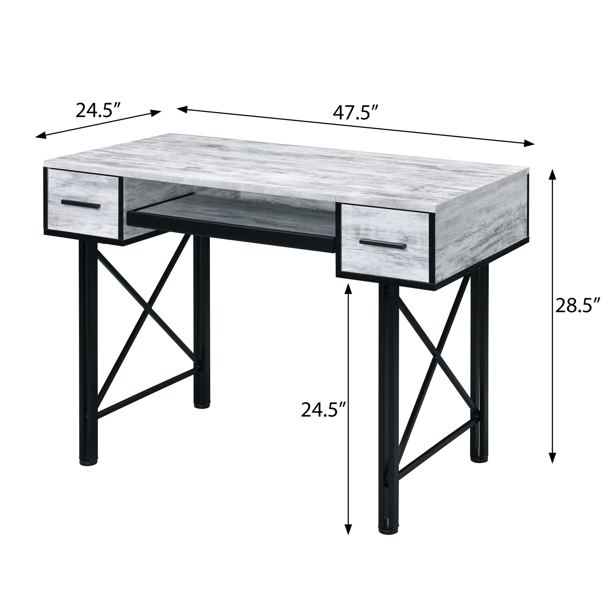 Rustic white washed wood writing desk with black metal frame and two drawers