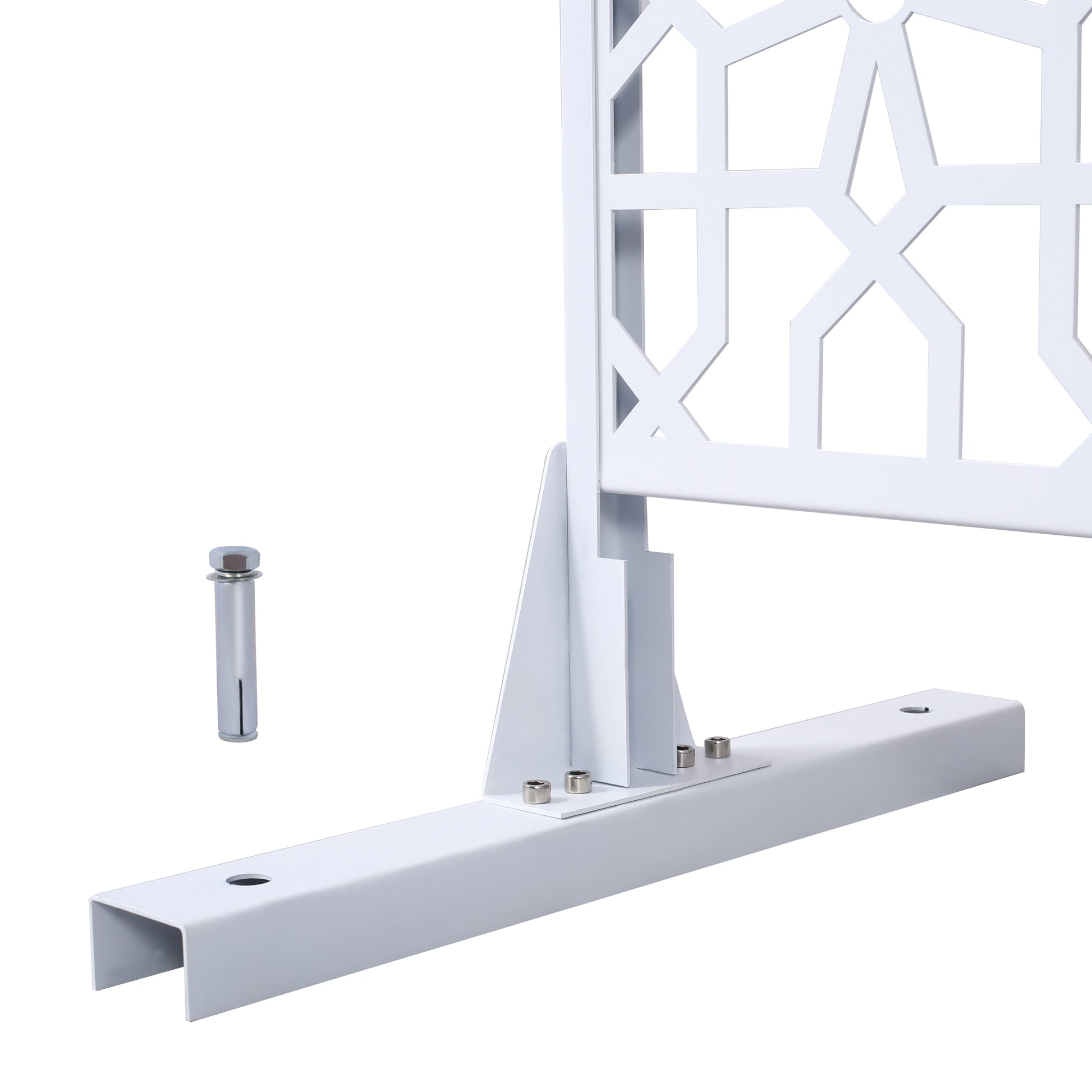 White metal garden trellis featuring a geometric cutout design and mounting hardware