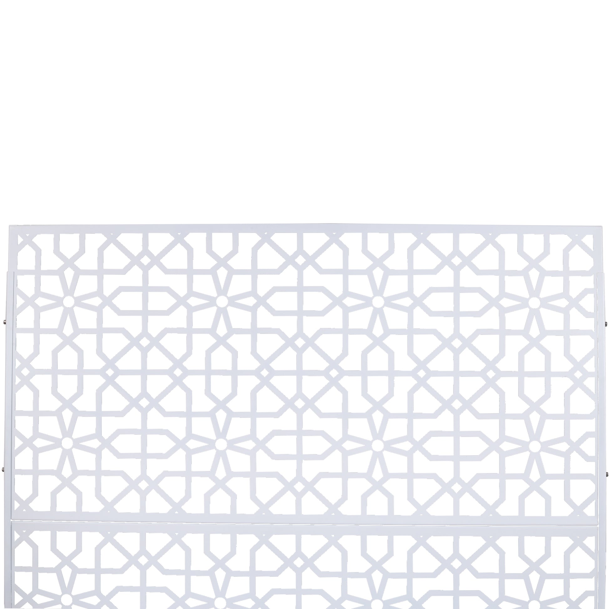 White decorative metal screen with intricate geometric pattern for garden fences
