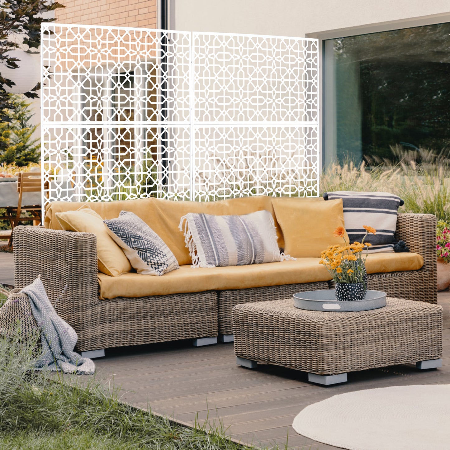 White geometric privacy screen with intricate patterns ideal for outdoor spaces