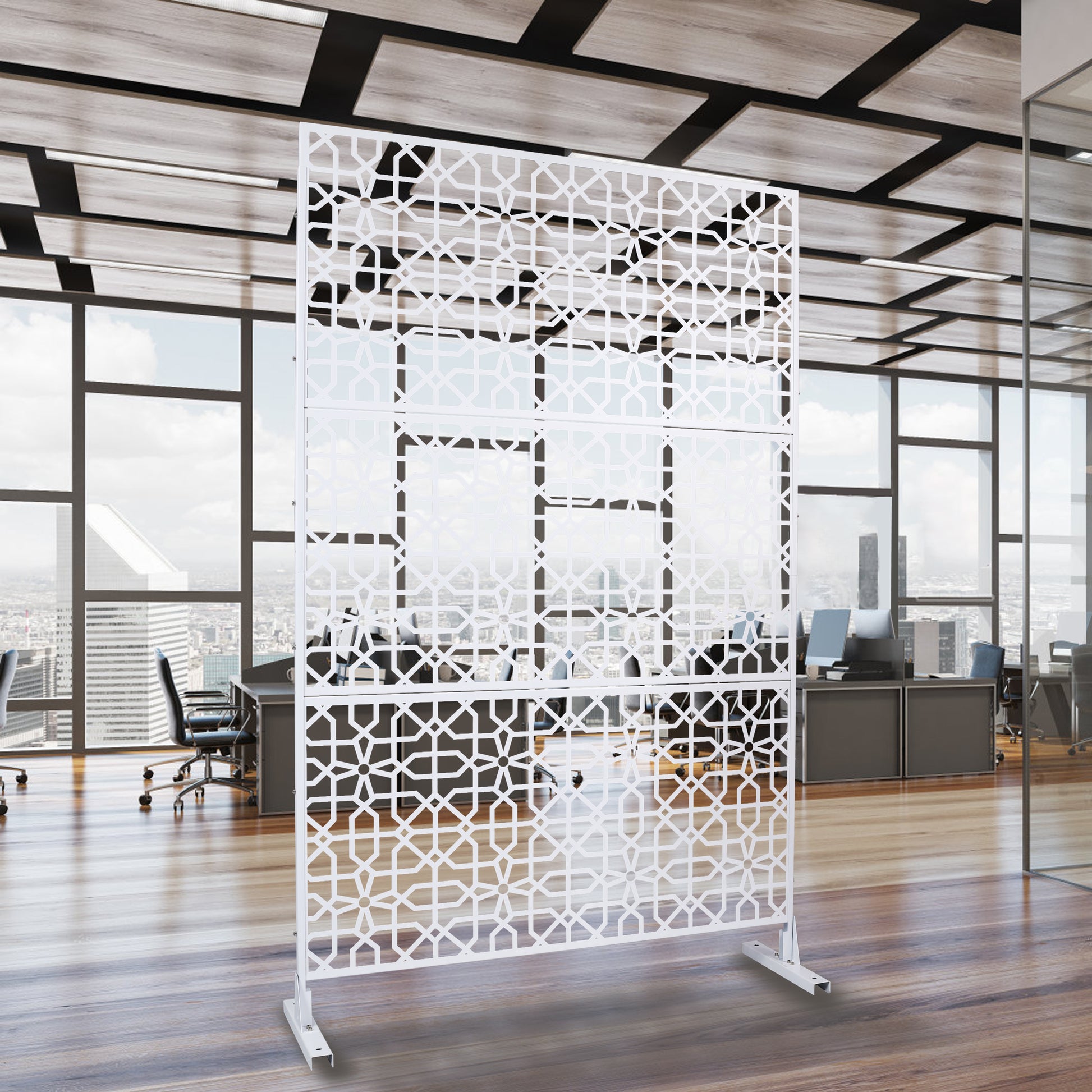 White geometric lasercut room divider panel with a modern Moroccan design
