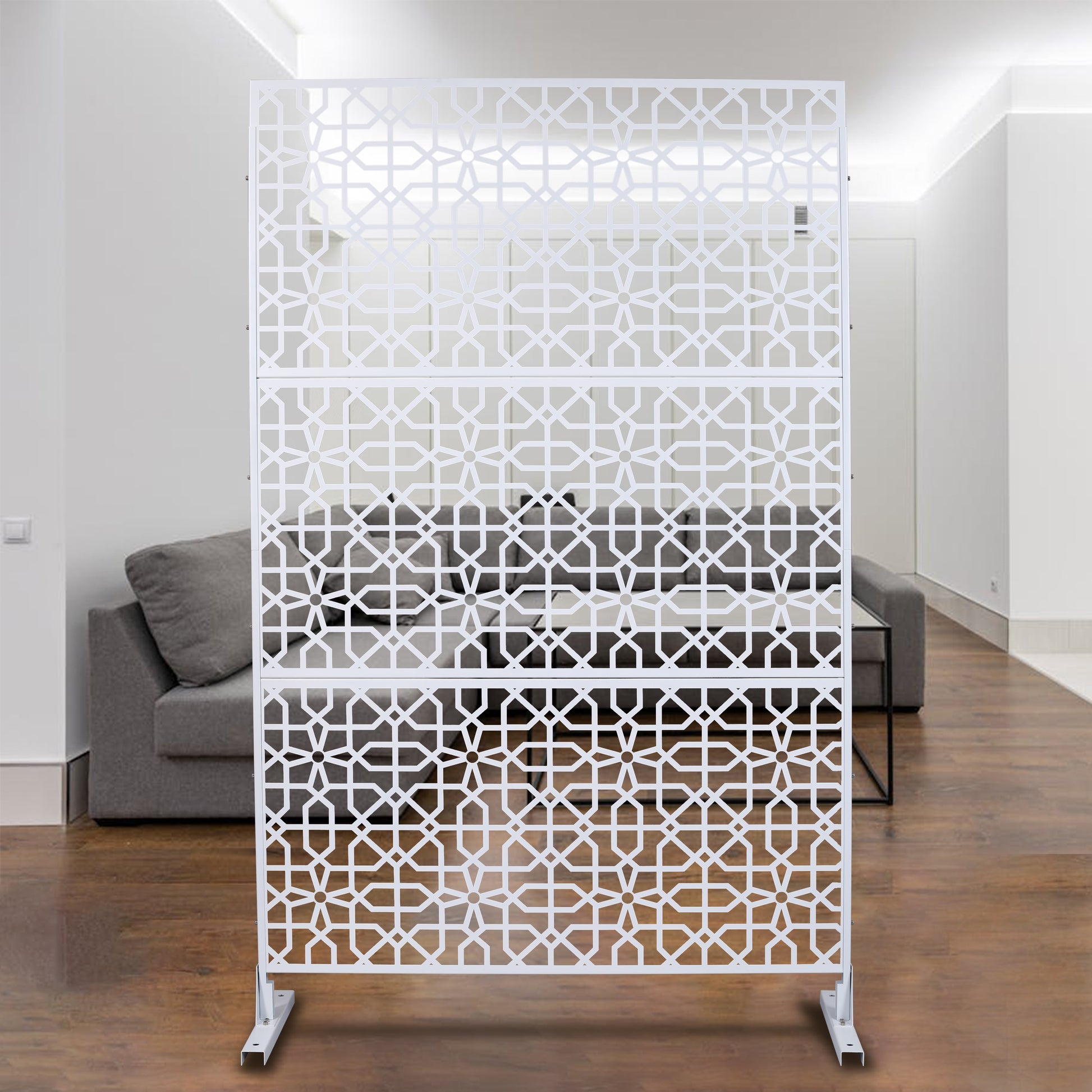 White geometric room divider screen with intricate lattice pattern